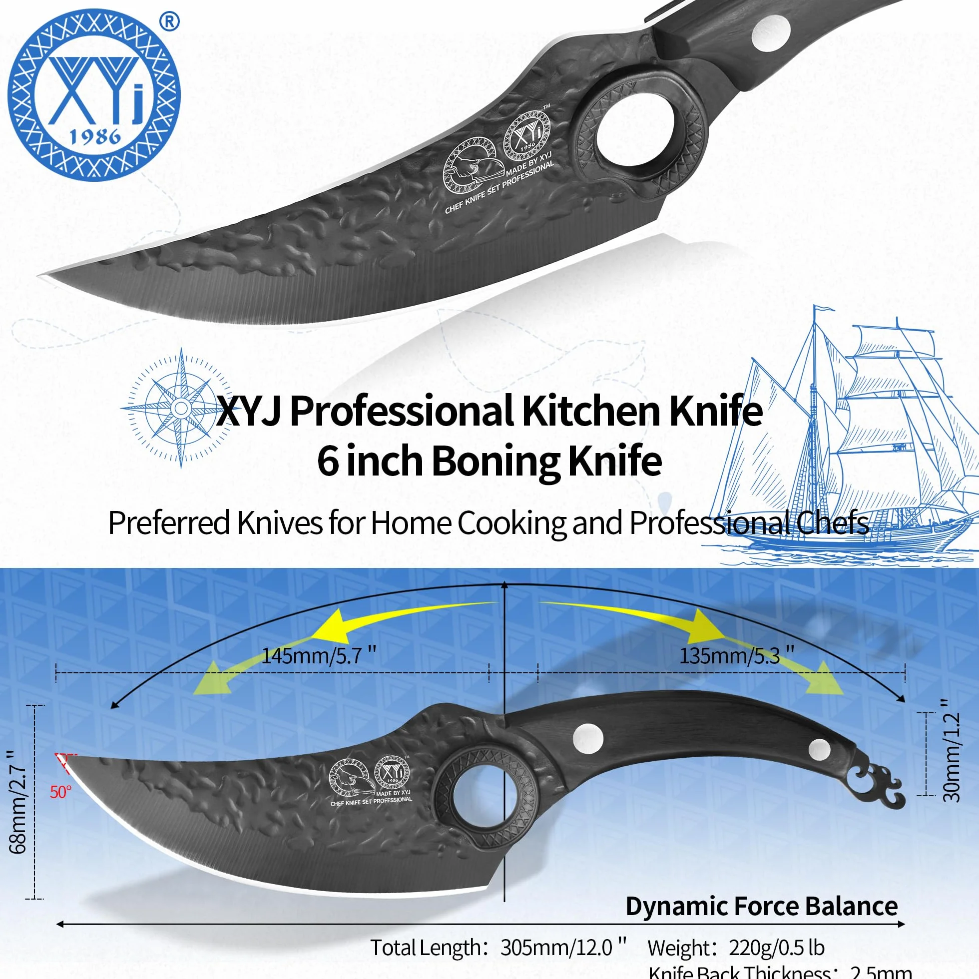 Forged Boning Knife 6 Inch, High Carbon Steel, Full Tang Wood Handle, Chef Knife with Sheath