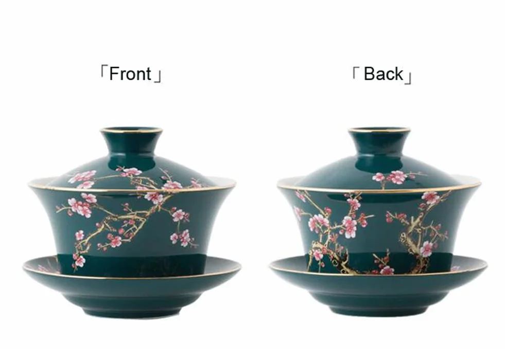 Porcelanowy gajwan YBK Tech 295 ml do herbaty kung fu z pokrywką i spodkiem, tradycyjny chiński, wzory śliwkowe (zielony)