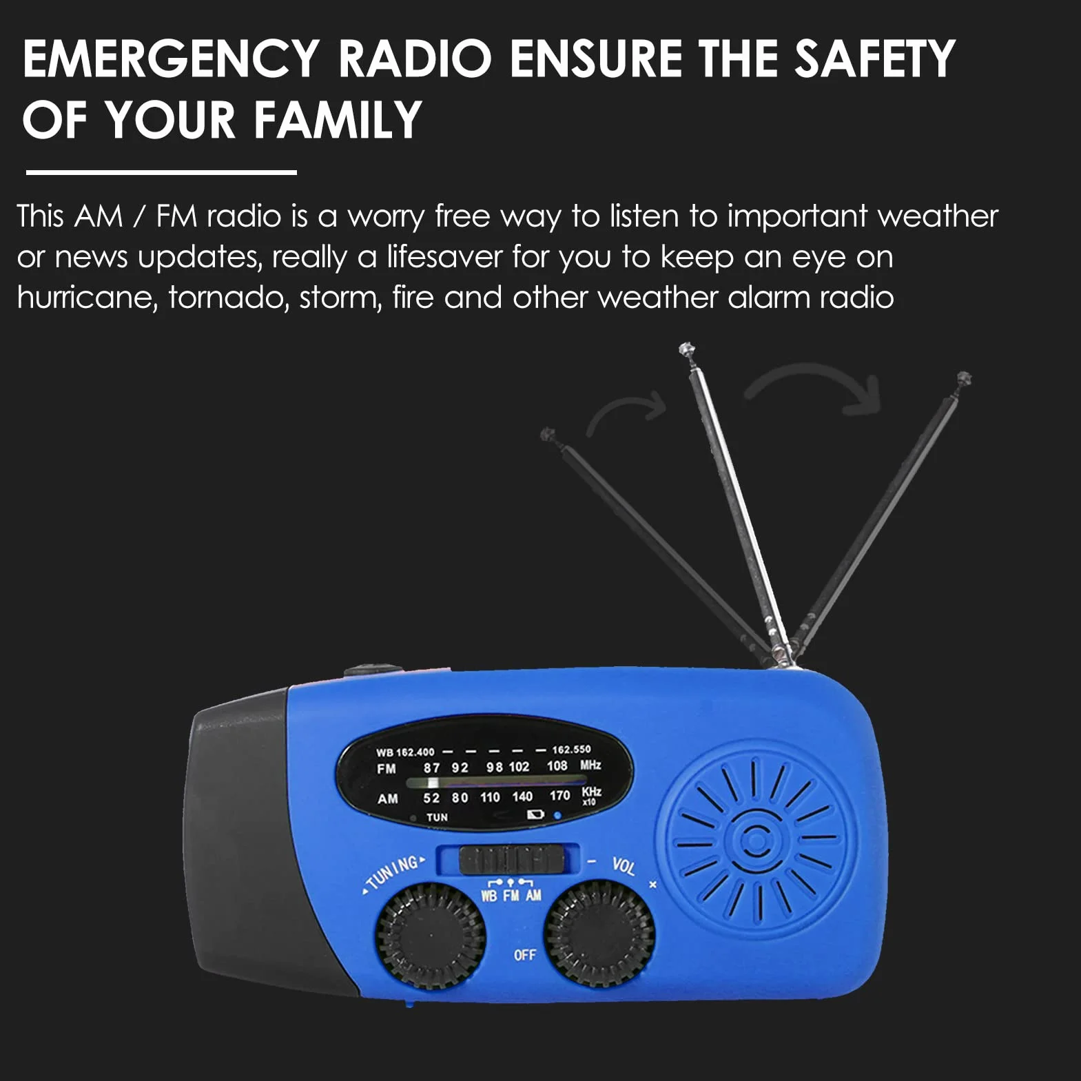 KOCAN radio awaryjne z korbą ręczną, radio solarne, radio pogodowe AM/FM/NOAA, radio awaryjne, ładowany powerbank z ładowaniem solarnym, korbą ręczną i zasilaniem bateryjnym, ładowarka do latarki LED, lampka do czytania