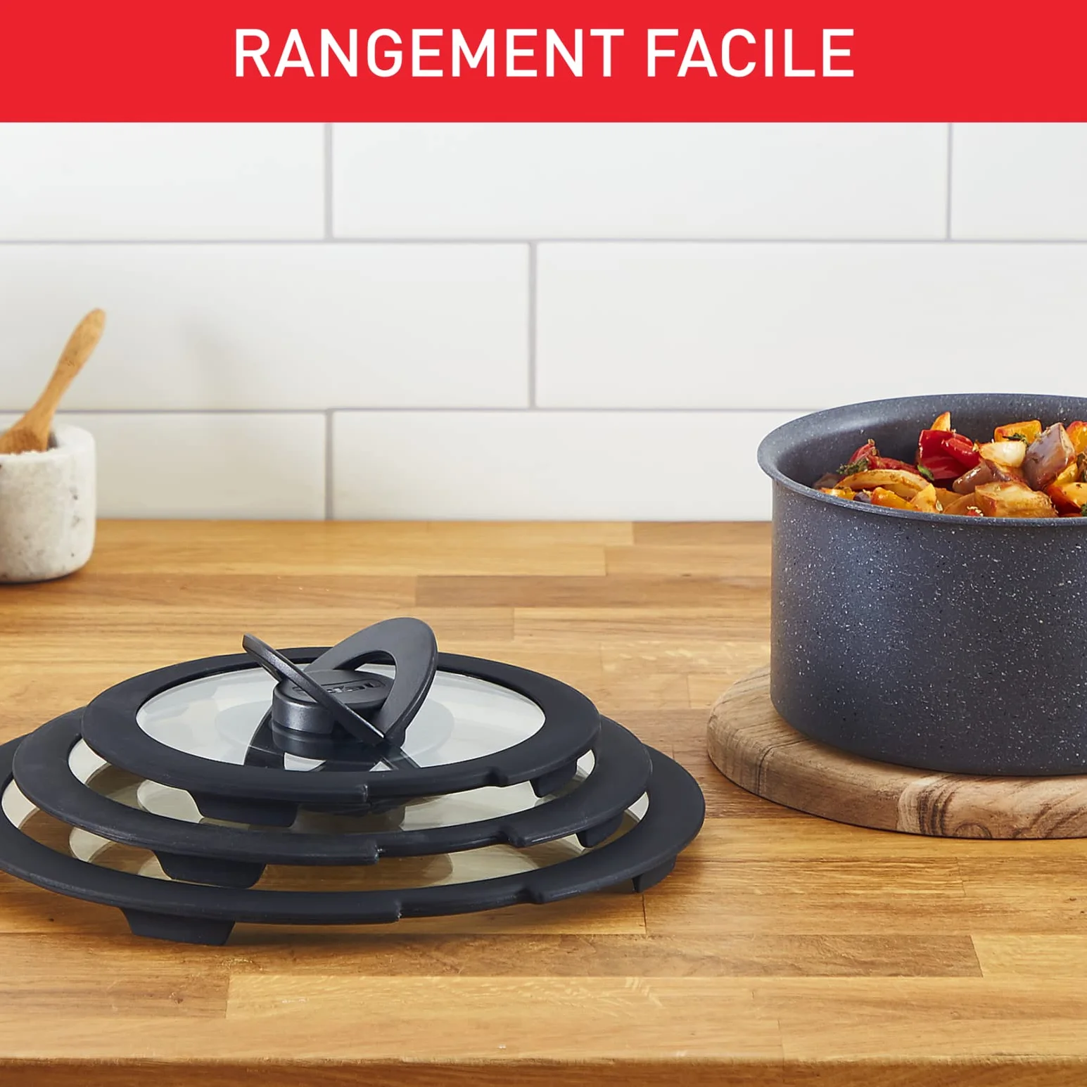 Tefal Ingenio Szklana pokrywka 16 cm składany uchwyt kompatybilne zmywarka przezroczysta czarna