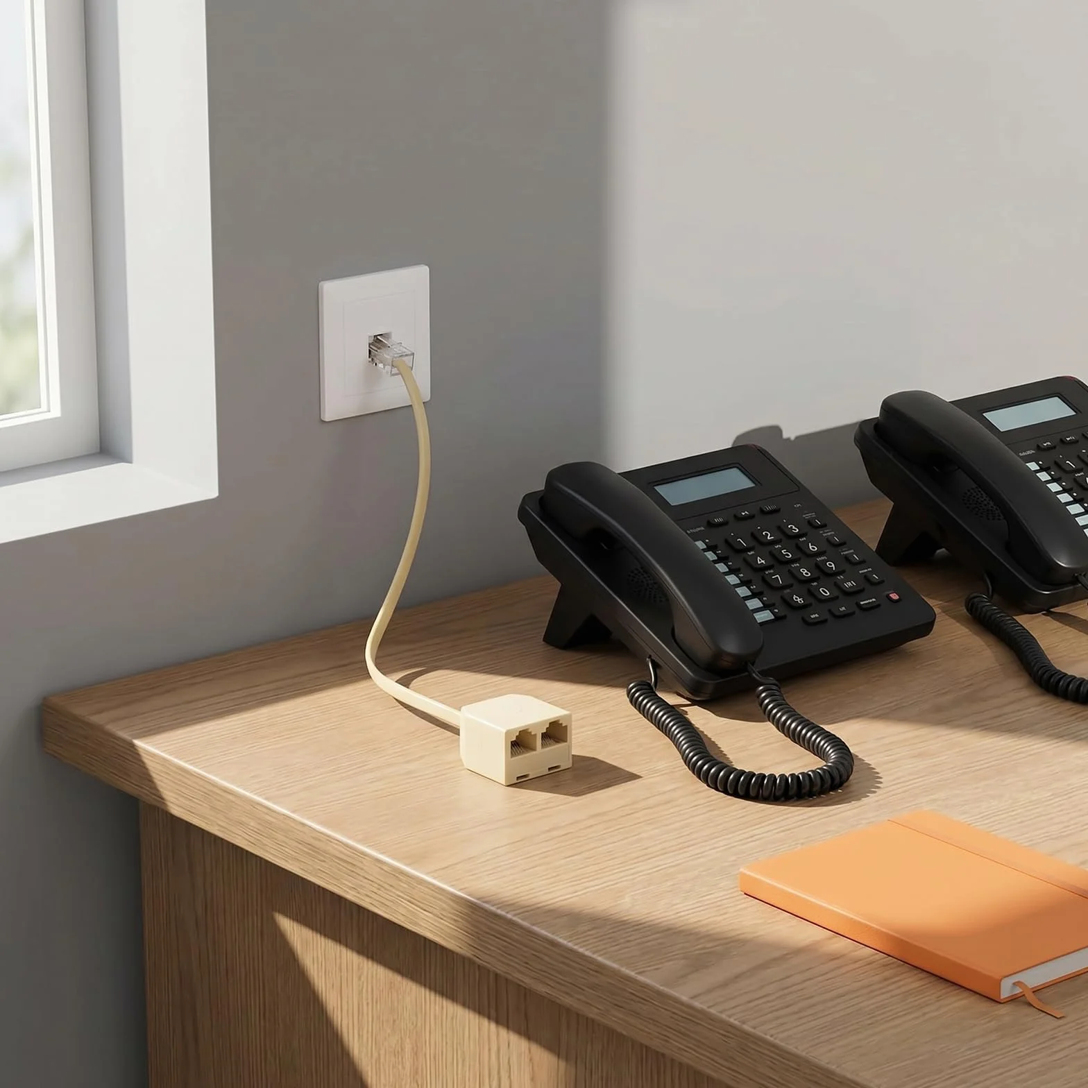 HENGBIRD 2 sztuki rozdzielacz do telefonu RJ11 na 2, adapter do telefonu 6P4C, wtyczka RJ11 na 2 gniazda RJ11, rozdzielacz kabla telefonicznego do telefonu i faksu, beżowy