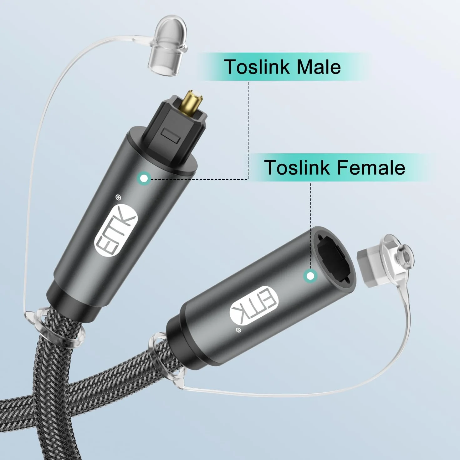 EMK Optyczny przedłużacz kabla Toslink żeński na męski, rozszerzony kabel audio, kompatybilny z Smart TV, kinem domowym, PS4, Xbox i PlayStation
