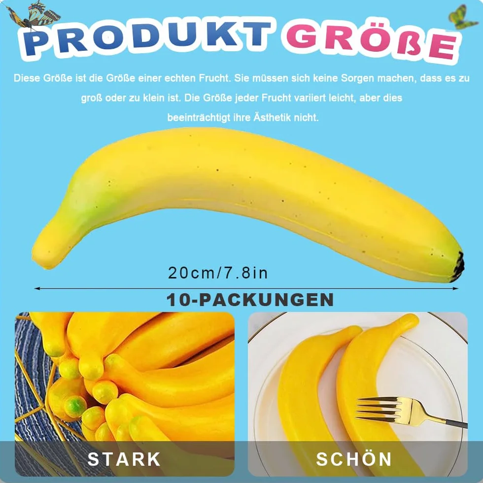 LATRAT 10 sztuk sztucznych bananów dekoracyjnych, realistycznych owoców na imprezę