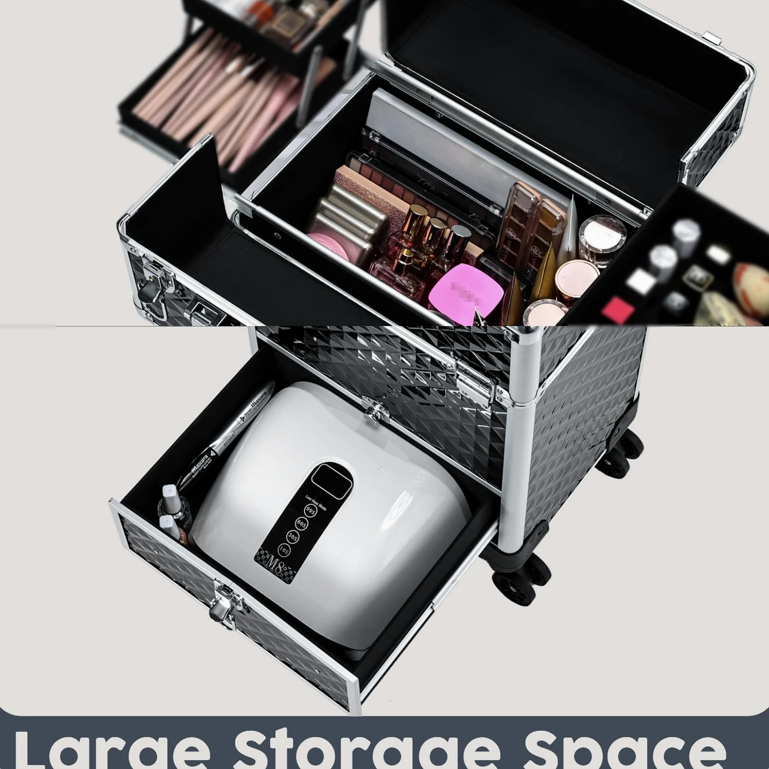 Hododou Rolling Makeup Train Case Przenośny wózek kosmetyczny z kółkami do szuflad, 4 tace, duże dno, Czarny