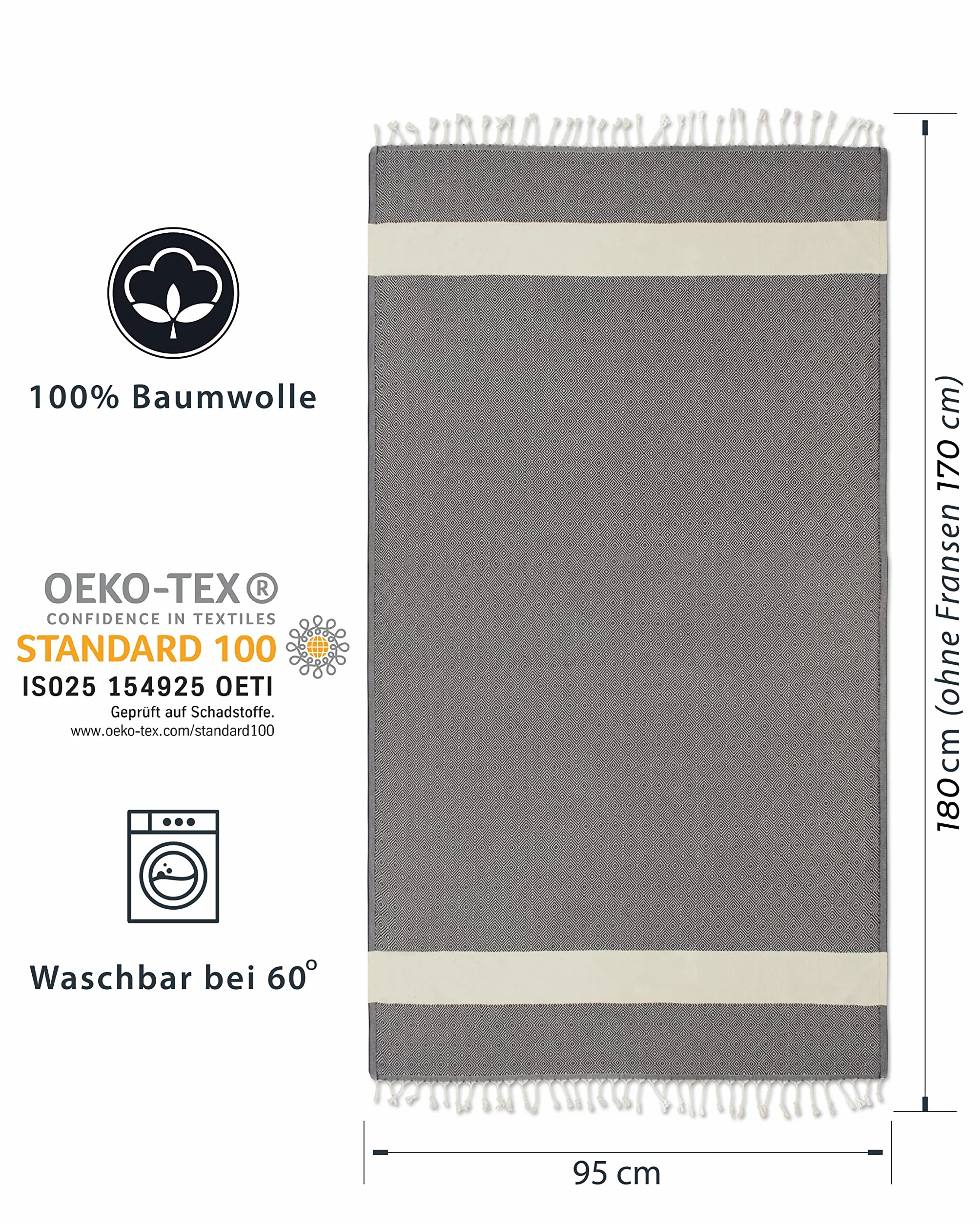 Ręcznik hammam LAYNENBURG 100% bawełna 95x180 cm Oeko Tex 100 wzór karo antracytowy