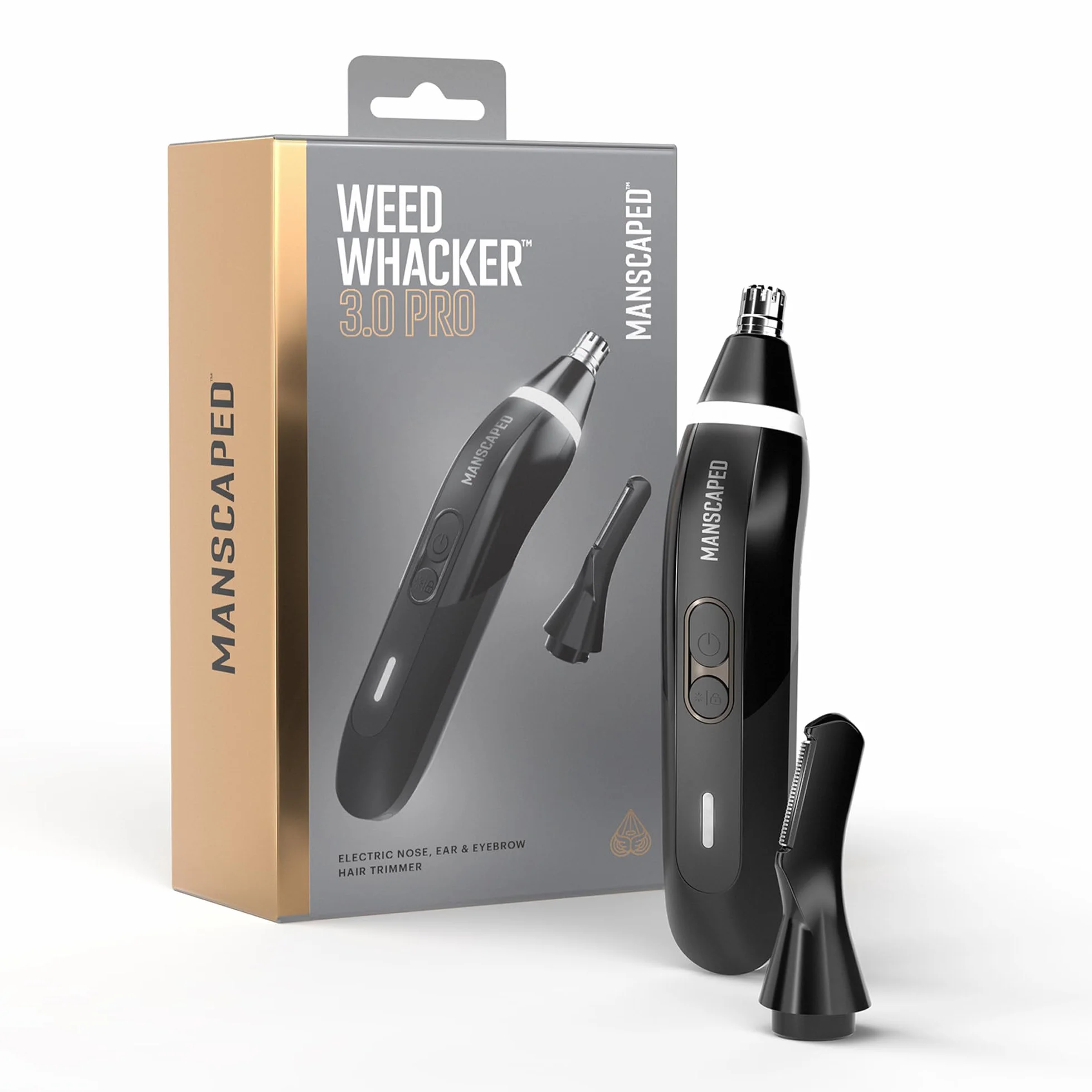 MANSCAPED® Weed Whacker® 3.0 PRO – Elektryczny trymer do włosów w nosie, uszach i brwiach dla mężczyzn – system SkinSafe® Dual-Head, akumulatorowy, blokada podróżna, nakładka z grzebieniem do brwi