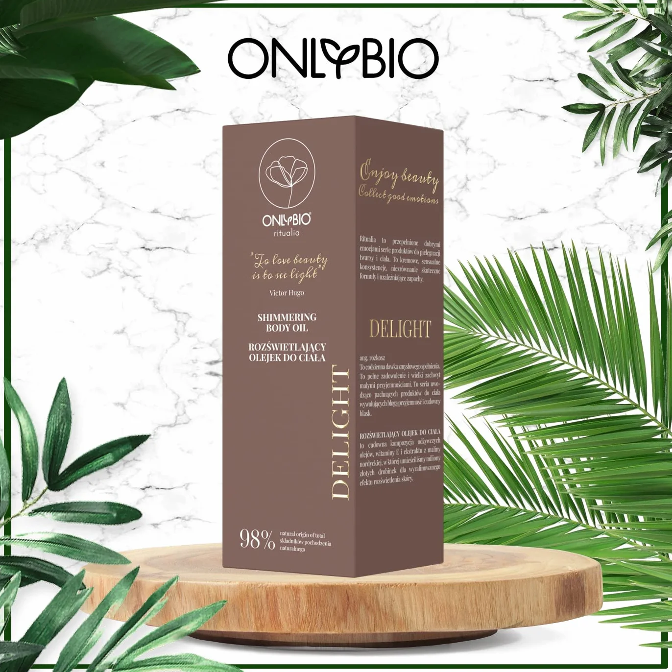 ONLYBIO Ritualia DELIGHT złoty iluminujący, połyskujący olejek do ciała, olejek pielęgnacyjny ze słodkimi migdałami, makadamia awokado witaminą E, antyoksydantem – wegański i roślinny