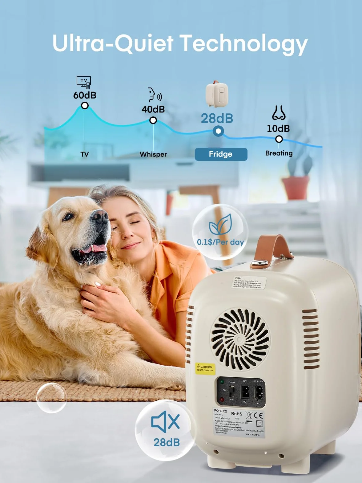 FOHERE Mini lodówka 5 litrów / 6 puszek, 220V AC / 12V DC, Tryb cichy, przenośny i kompaktowy, minilodówka na napoje i kosmetyki do sypialni, samochodu, akademika, biurka, biała