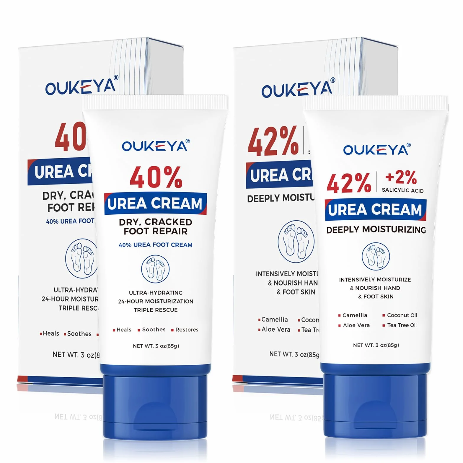 OUKEYA Krem do Stóp 40% Urea & Krem 42% Urea + 2% SA, Intensywna Regeneracja dla Suchej i Popękanej Skóry Stóp, Pięt i Dłoni, Złuszczający i Głęboko Nawilżający, 2x85g