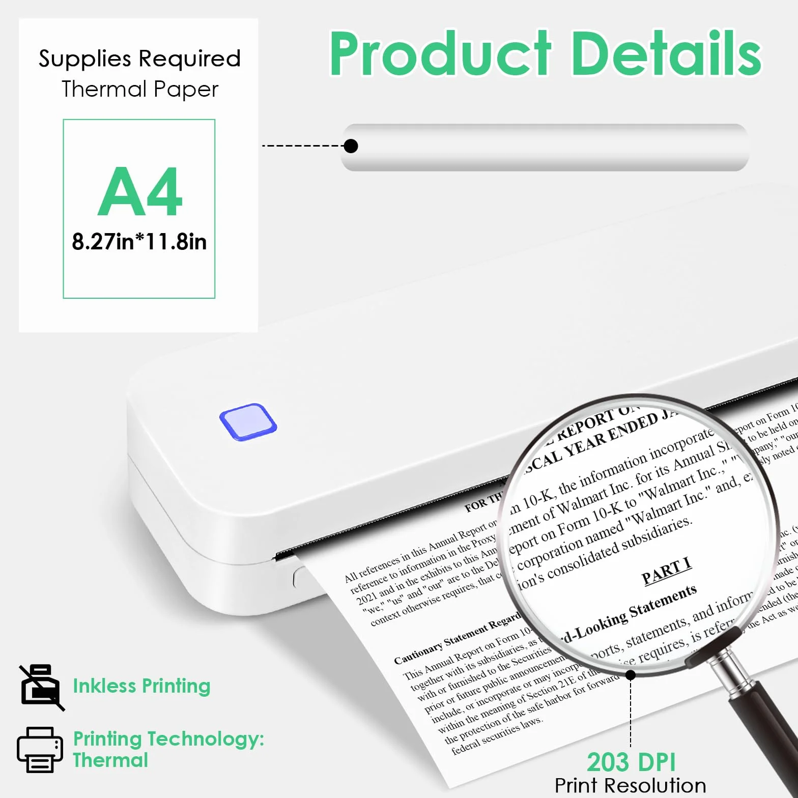 GuKKK Przenośna drukarka termiczna A4, mała drukarka termiczna z Bluetooth, mobilna drukarka bezprzewodowa, obsługuje drukarkę termiczną A4 210 x 297 mm, kompatybilna z systemem Android i iOS, do