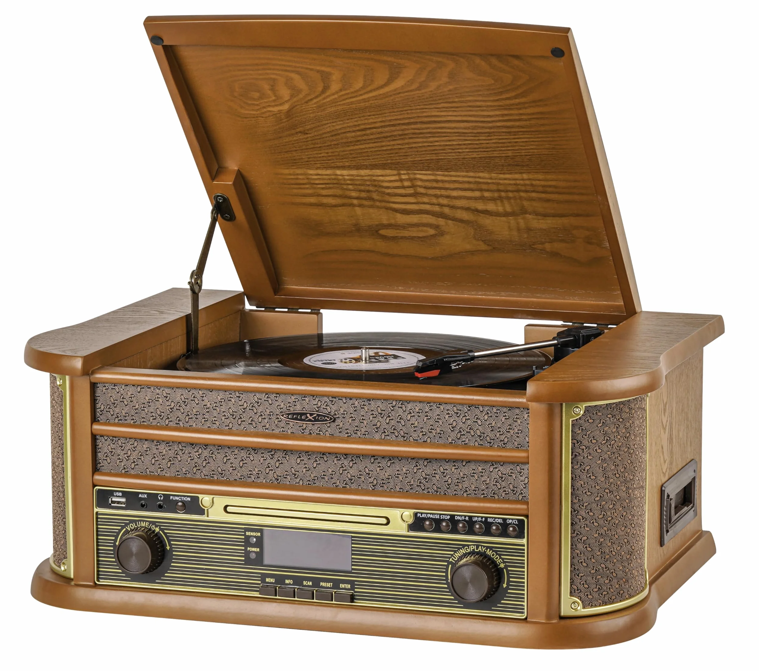 Reflexion HIF2002 wieża stereo retro z gramofonem, kasetą, odtwarzaczem CD i radiem DAB (DAB+, UKF/MW, MP3, USB, wyświetlaczem LCD, pilotem zdalnego sterowania, 80 W, obudowa z prawdziwego drewna), kolor brązowy