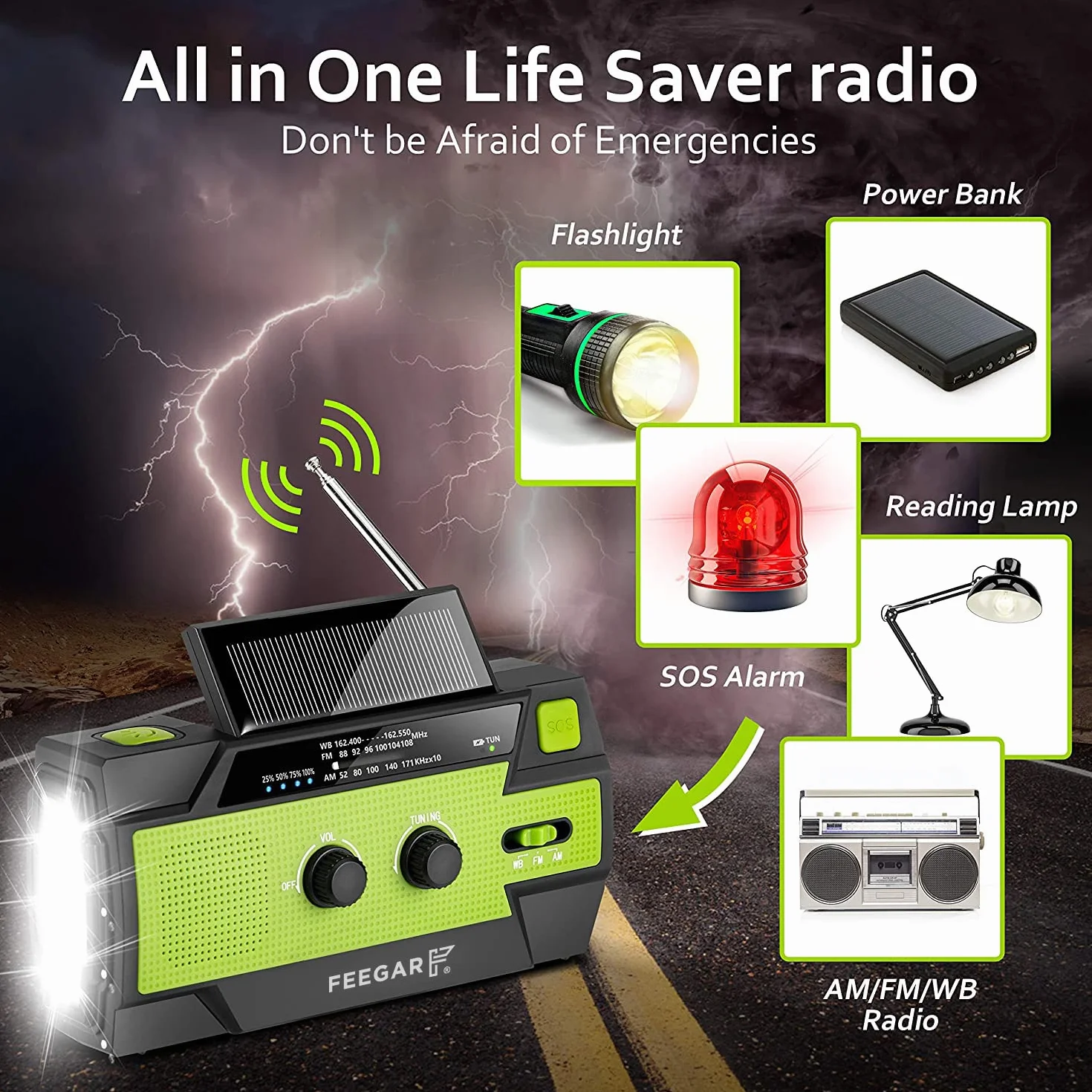 Radio z korbą ręczną Feegar Oze 2 Pro na wypadek sytuacji awaryjnych, radio pogodowe AM/FM przenośne radio survivalowe z latarką LED, ładowarką do telefonu komórkowego, alarmem SOS do domu 4000 mAh