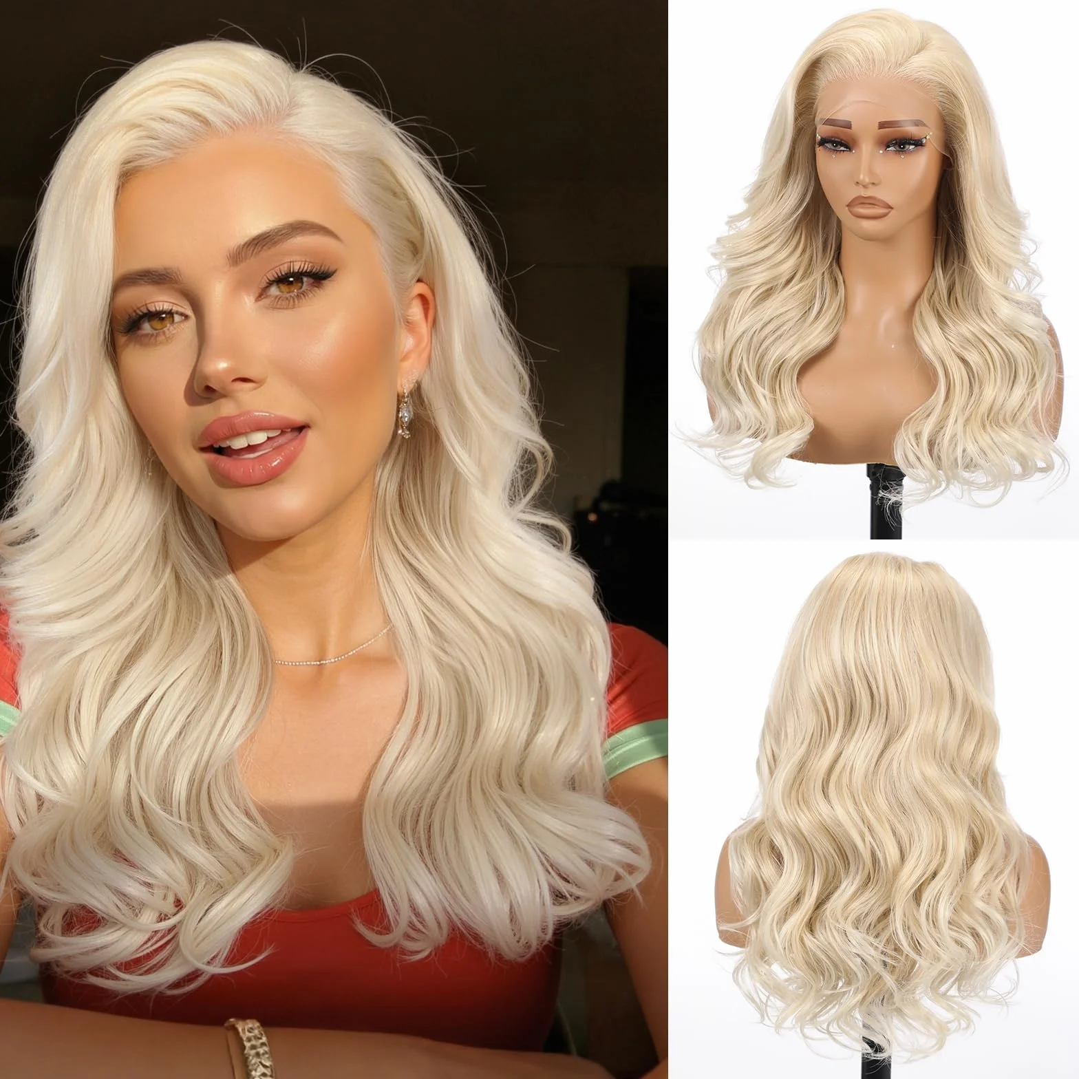 Allbell 35,5x16 Włosy z pasemkami blond lace front peruka dla ciemnoskórych kobiet, bez kleju syntetyczna HD lace peruka, 56 cm fala ciała zamiennik włosów