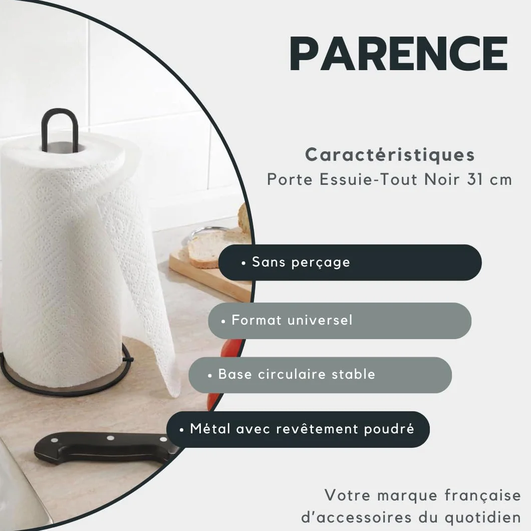 PARENCE.- uchwyt na ręcznik papierowy 31 cm - Metalowy uchwyt na ręcznik kuchenny, solidny dozownik pionowy, nowoczesny design, malowany proszkowo, kompatybilny ze standardowymi rolkami