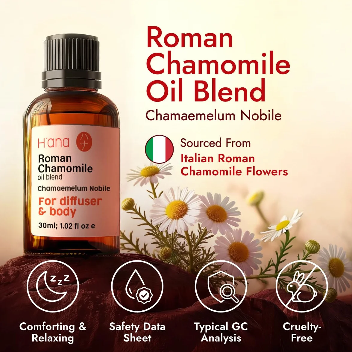 H'ana Olejek Eteryczny z Rumianku Rzymskiego do Dyfuzora i Komfortu Ciała - 100% Naturalny dla Twarzy i Skóry - Aromaterapia (1 Fl Oz)