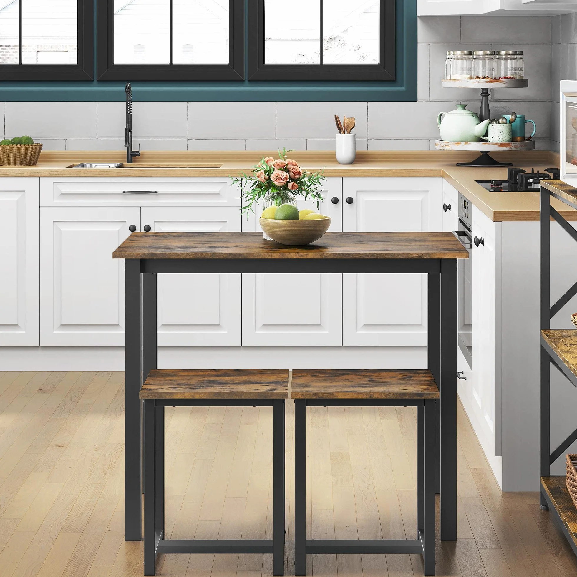 Yaheetech Zestaw Stołów Barowych z 2 Stołkami 90 x 60 x 75 cm Drewniany Brązowo-Czarny