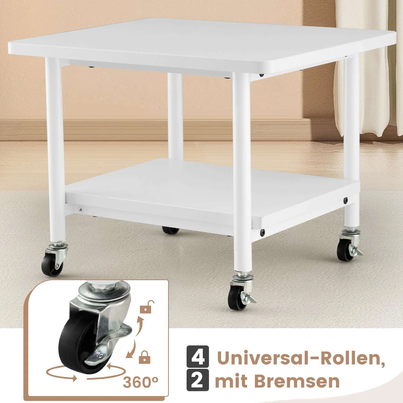COSTWAY Stolik do drukarki z rolkami, stojak na drukarkę z regulowanymi kółkami, wózek z 2 poziomami, półka na drukarkę, uchwyt na drukarkę do biura, faks, 49 x 40 x 38 cm (całkowicie biały)