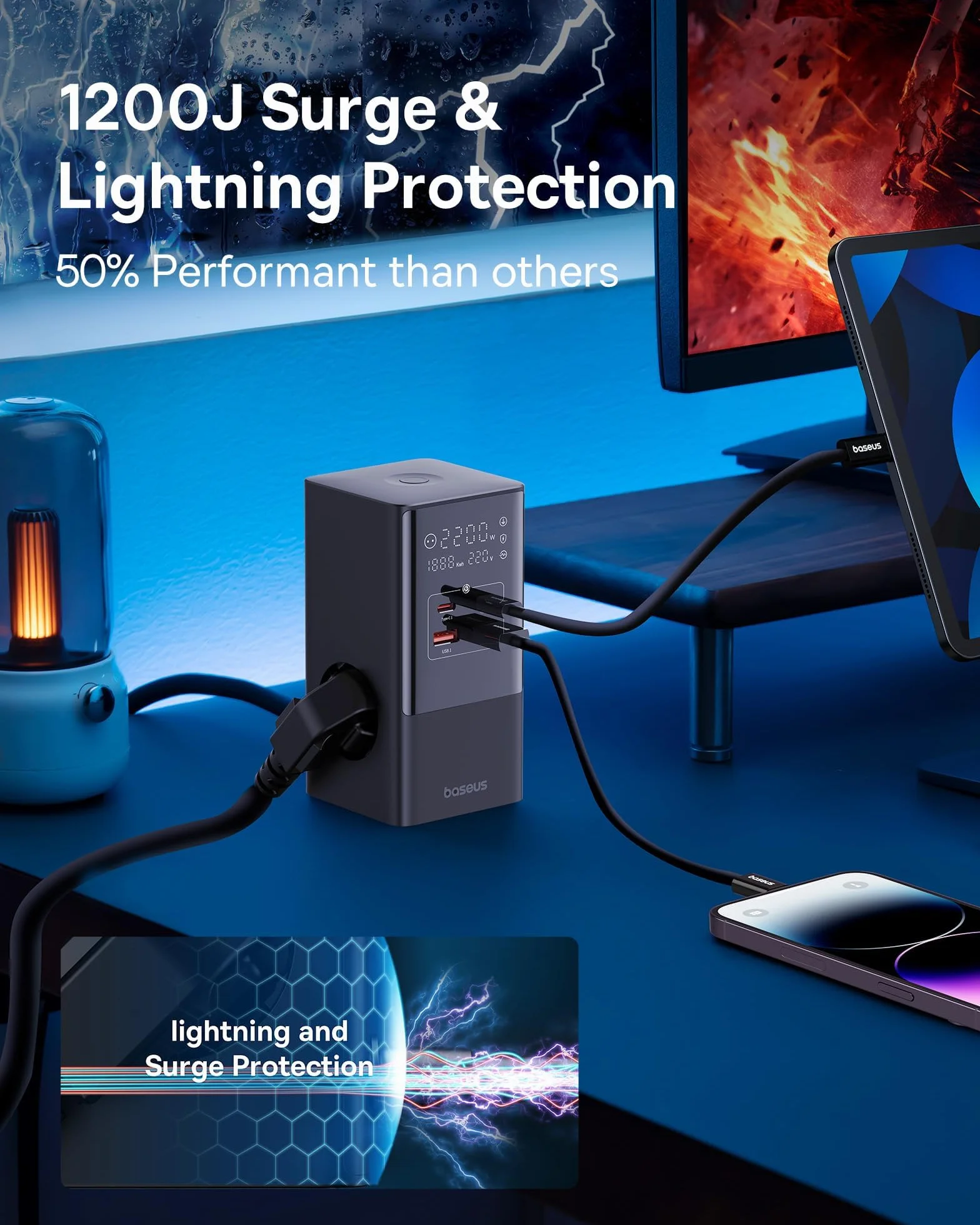 Baseus Listwa zasilająca USB C 35W Ładowarka GaN5 Gniazdo trójdrożne z włącznikiem, 3 AC + 2 USB C + 2 USB A, przenośna ładowarka PD do MacBooka, iPada, iPhone'a 15/14/13/12, Galaxy, gier, domu, biura