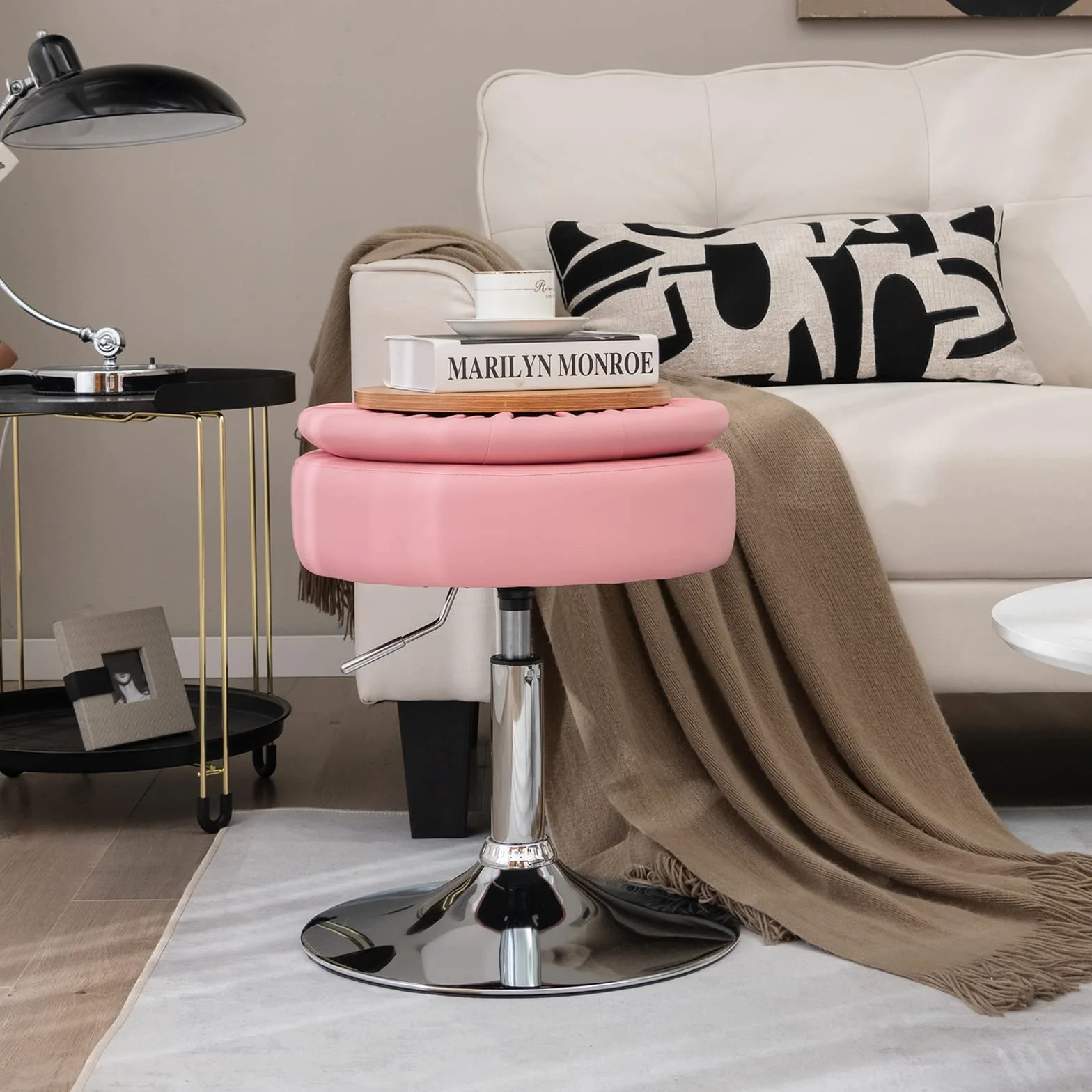 COSTWAY Taboret do Makijażu Obracany 360°, Toaletki z Miejscem do Przechowywania, Wysokość Siedziska 51-66 cm, Tapicerowany, Różowy
