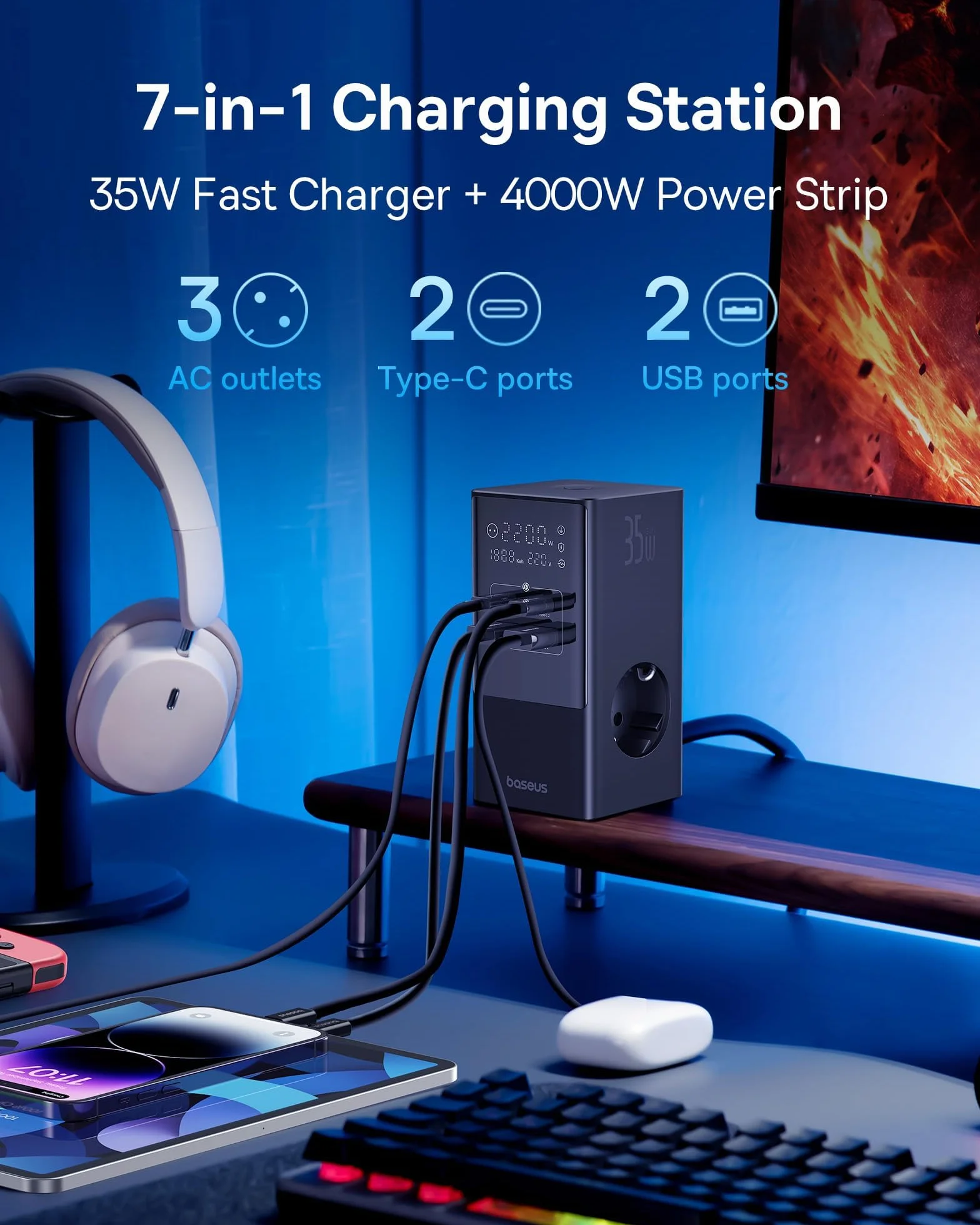 Baseus Listwa zasilająca USB C 35W Ładowarka GaN5 Gniazdo trójdrożne z włącznikiem, 3 AC + 2 USB C + 2 USB A, przenośna ładowarka PD do MacBooka, iPada, iPhone'a 15/14/13/12, Galaxy, gier, domu, biura
