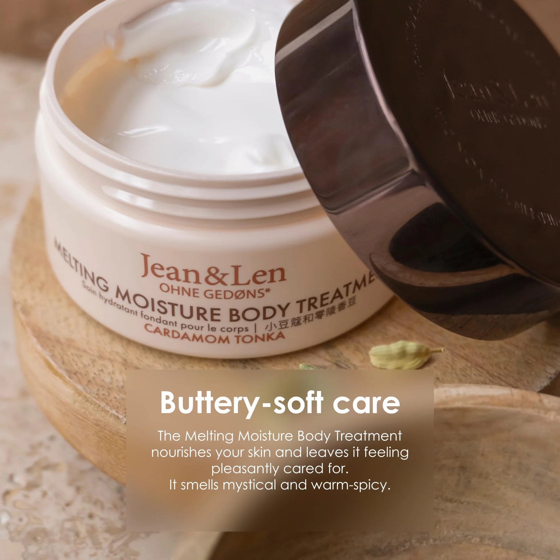 Jean & Len Melting Moisture Body Treatment Cardamon & Tonka, pachnący efekt pielęgnacji, do skóry normalnej, wysokiej jakości tygiel, pielęgnujące masło do ciała, bez parabenów i silikonów, wegańskie,