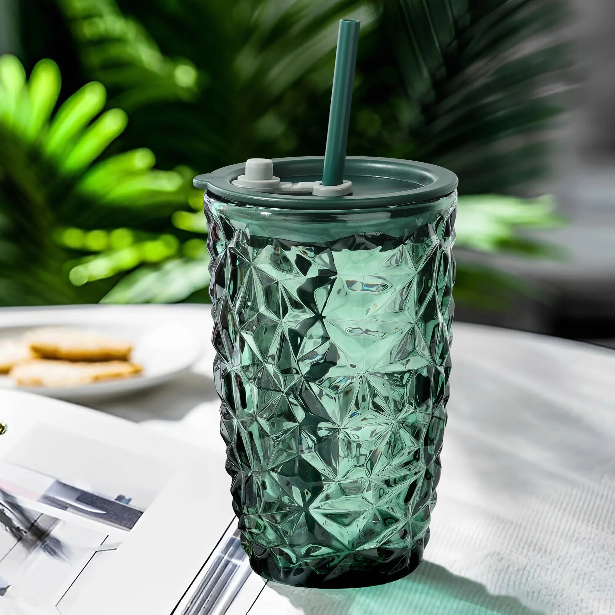 Joeyan Zielone kubki do picia 430 ml, z pokrywką i słomką, szklanka do herbaty bąbelkowej z diamentowym wzorem, szklanki do mrożonej kawy, smoothie, sok Boba, zestaw 2 szt., nadają się do mycia w