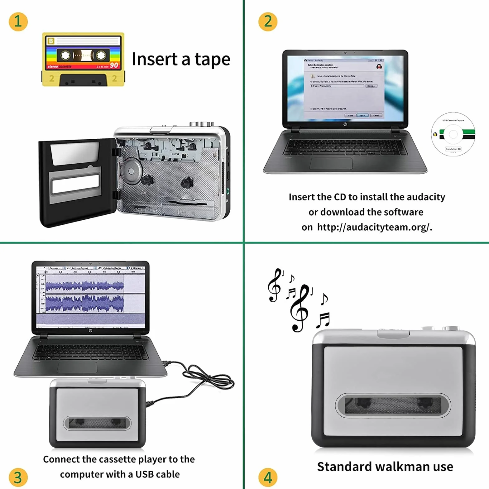 Odtwarzacz kasetowy, konwerter USB na MP3, taśma Plug and Play, do odtwarzacza muzycznego MP3, ze słuchawkami, dla 2000 / XP/Vista/Win 7
