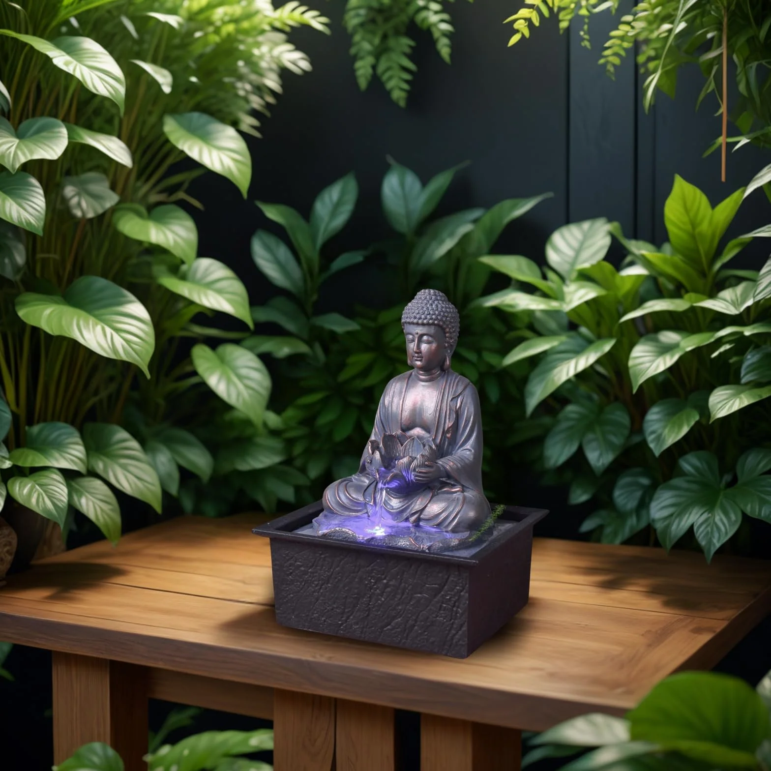 Fontanna wewnętrzna Budda Medytacja Lotos Kolorowe światło LED - Zen Deco Salon Sypialnia - Fontanna stołowa Relaksujący ruch - Przydatny prezent dla kobiet i mężczyzn - H 26cm - Sutra Zen'Light