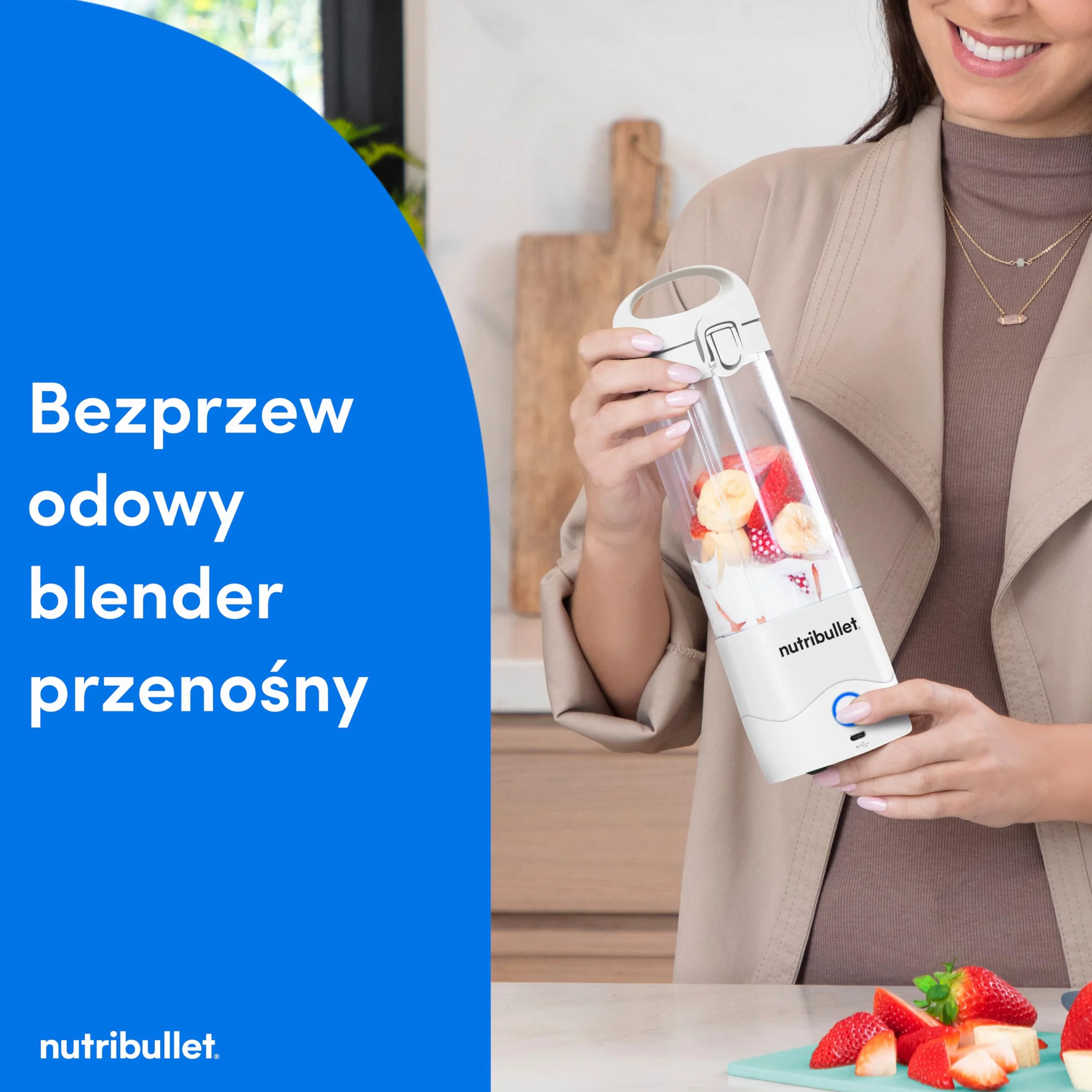 Nutribullet Lekki Przenośny Blender, 475 ml bez BPA Tritan, Mini Blender, 4-Stronne Ostrze ze Stali Nierdzewnej, Wielofunkcyjny, Ładowarka USB-C, ponad 15 Cykli Mieszania, Biały, NBP003W