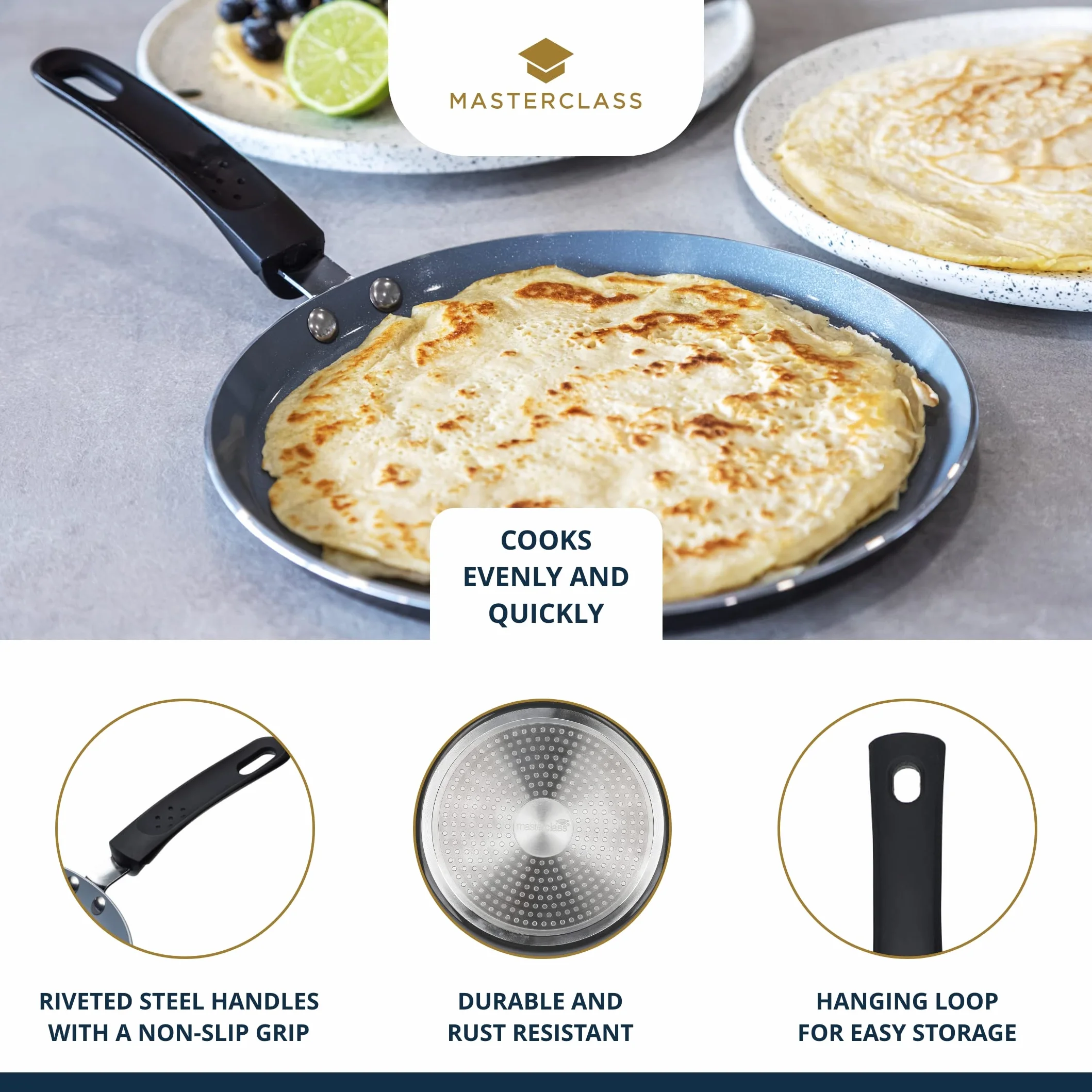 MasterClass Eco Induction Crepe/Pancake Pan 24 cm Powłoka Nieprzywierająca PTFE PFOA BPA Aluminium Żelazo Czarny Niebieski