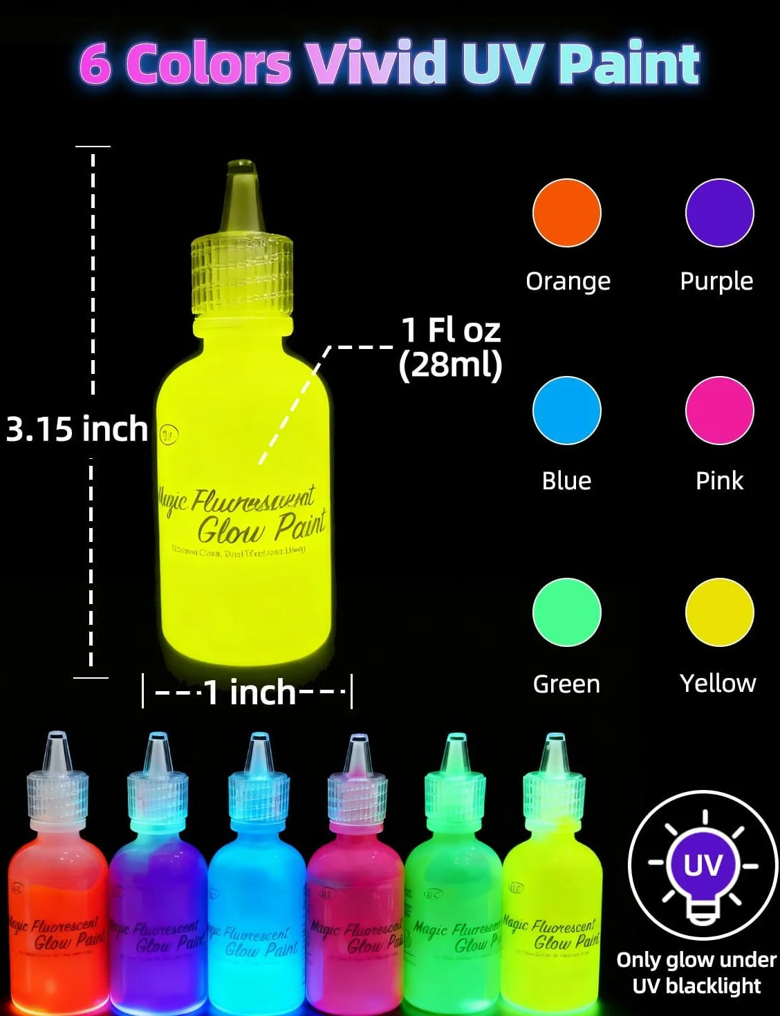[6 x 28 ml] iLC farba do ciała i malowania twarzy, światło UV, fluorescencyjne, neonowe kolory do malowania ciała