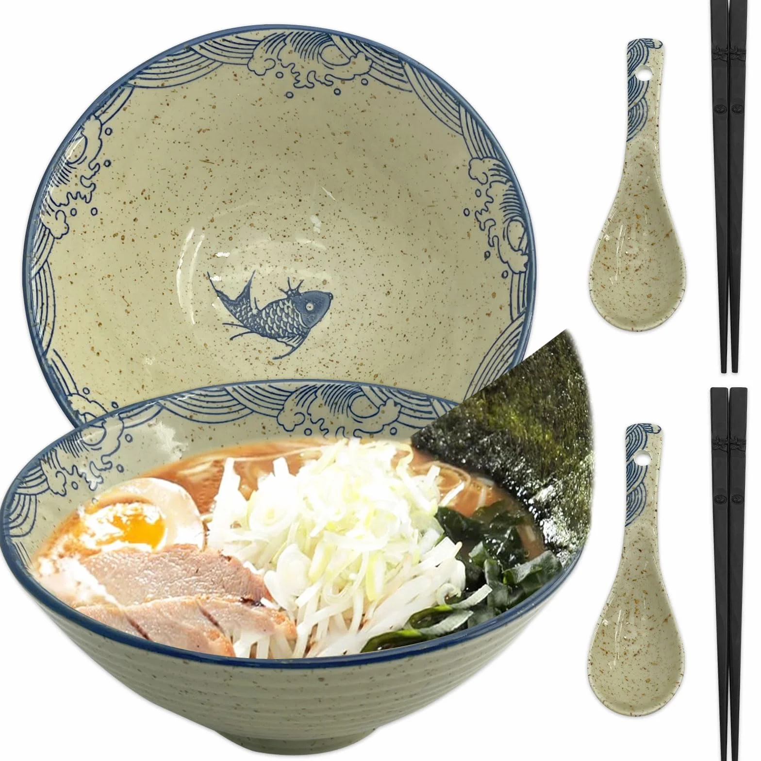 Ramen Ceramiczna Miska 2 x 1200 ml z Pałeczkami i Łyżeczkami - 2 Zestawy Japońskich Misek do Zupy