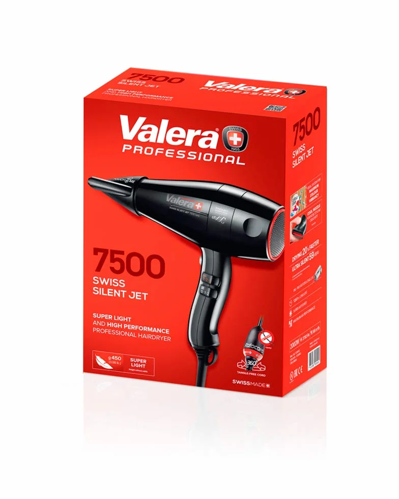 Valera Swiss Silent Jet 7500, Profesjonalna Suszarka Do Włosów Z Generatorem Jonów, Super Lekka, Do Szybkiego I Cichego Suszenia, 2000 W, Czarna, SXJ-7500-DRC