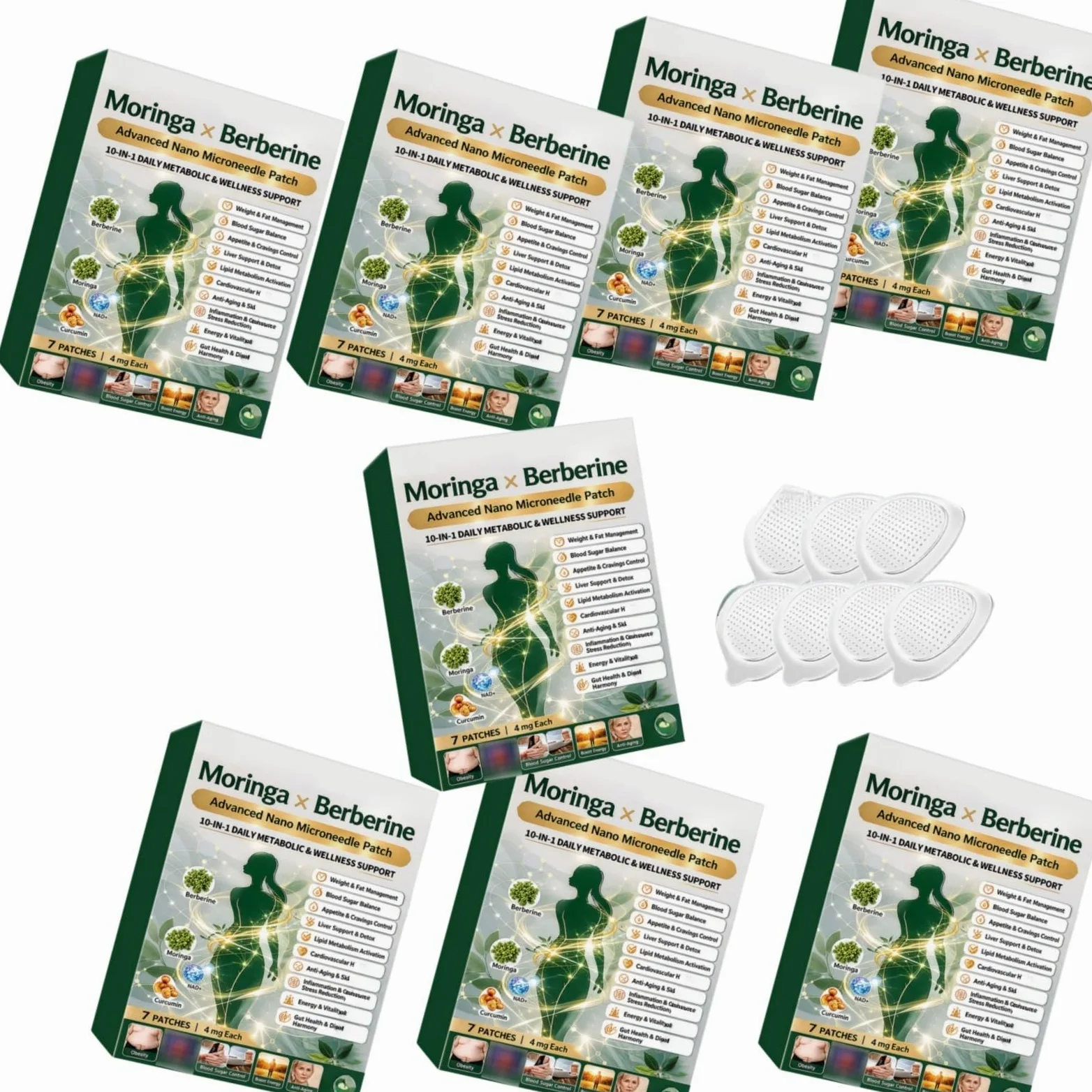 Moringa Plaster 10-IN-1, Moringa X Berberine Slimming, 10 w 1 Nano Microneedle, naturalne wyszczuplanie do utraty wagi, płaskich stomach, łatwe w aplikacji, dla mężczyzn i kobiet, naturalne składniki