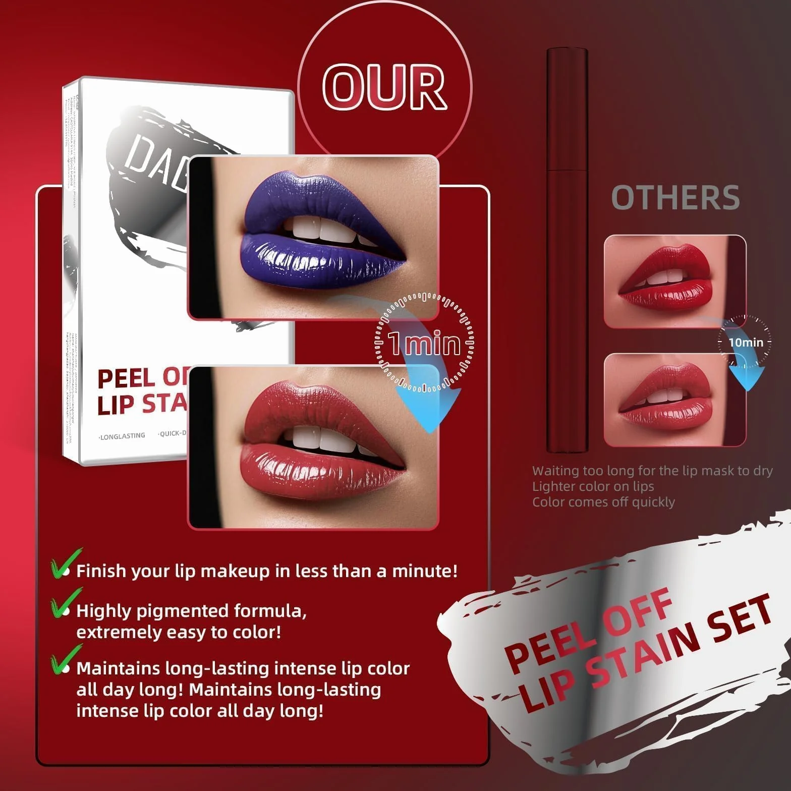 Prreal 3-Piece Peel Off Lip Liner Stain Set with Setting Spray and Tweezers, Long Lasting Matte Tint