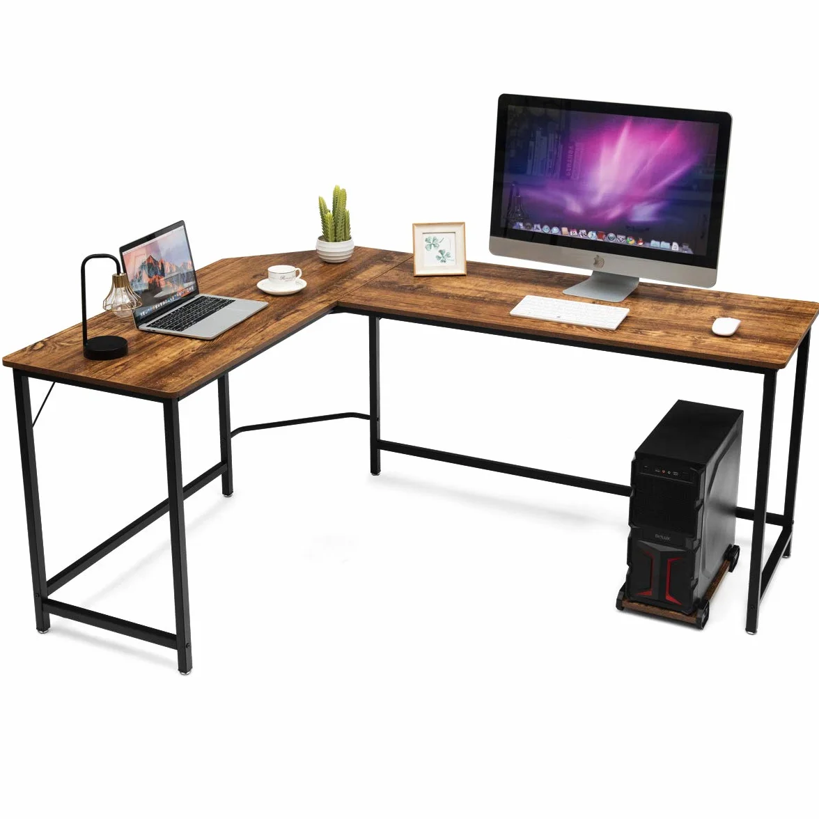 COSTWAY Biurko narożne w kształcie litery L 168 x 125 x 74 cm brązowe