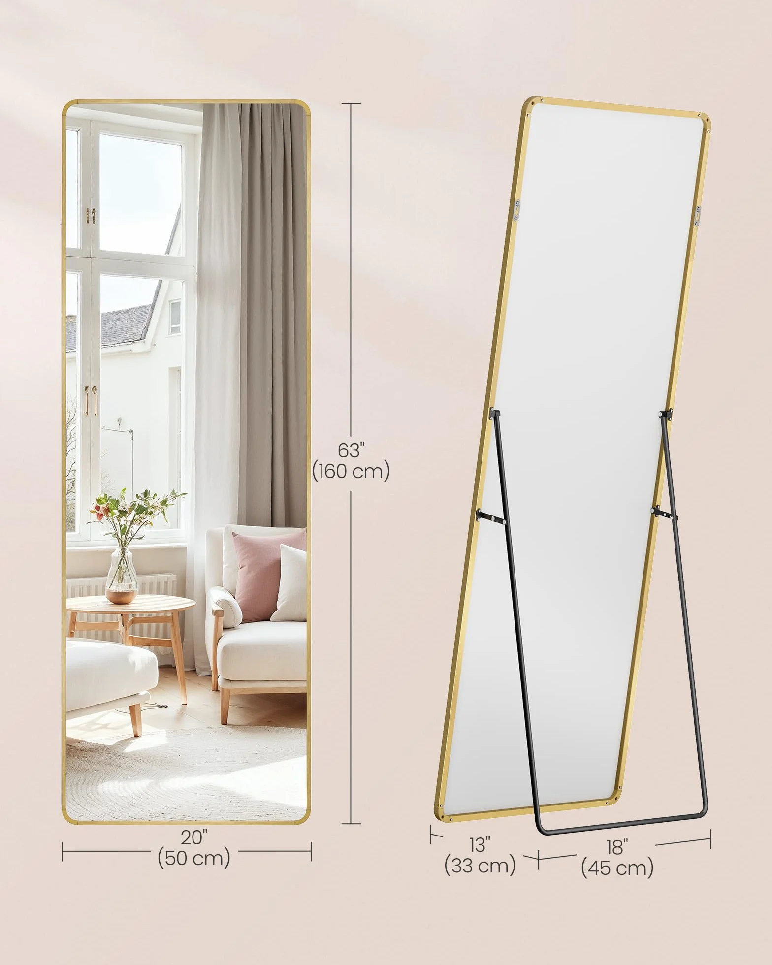 SONGMICS Lustro pełnej długości, 160 x 50 cm, prostokątne lustro całe ciało ze stojakiem, rama ze stopu aluminium, szkło hartowane, do sypialni, salonu, szatni, bladozłoty LFM030A01