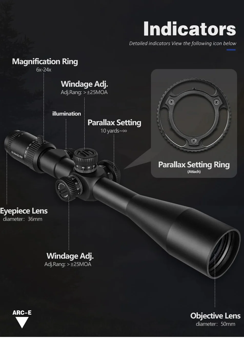 SPINA OPTICS 6-24x50 FFP First Focal Plane Rifleskopy z celownikiem Mil-Dot i regulacją paralaksy, osłona przeciwsłoneczna w zestawie, wodoodporna, przeciwmgielna czarna luneta celownicza, rurka 30 mm