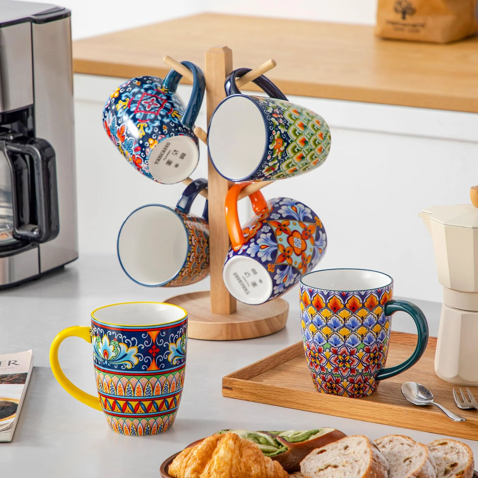 vancasso SIMI Zestaw 6 porcelanowych kubków do kawy, 480 ml, w stylu boho, z uchwytem, nadają się do kuchenki mikrofalowej i zmywarki, nadają się do wszystkich rodzajów napojów