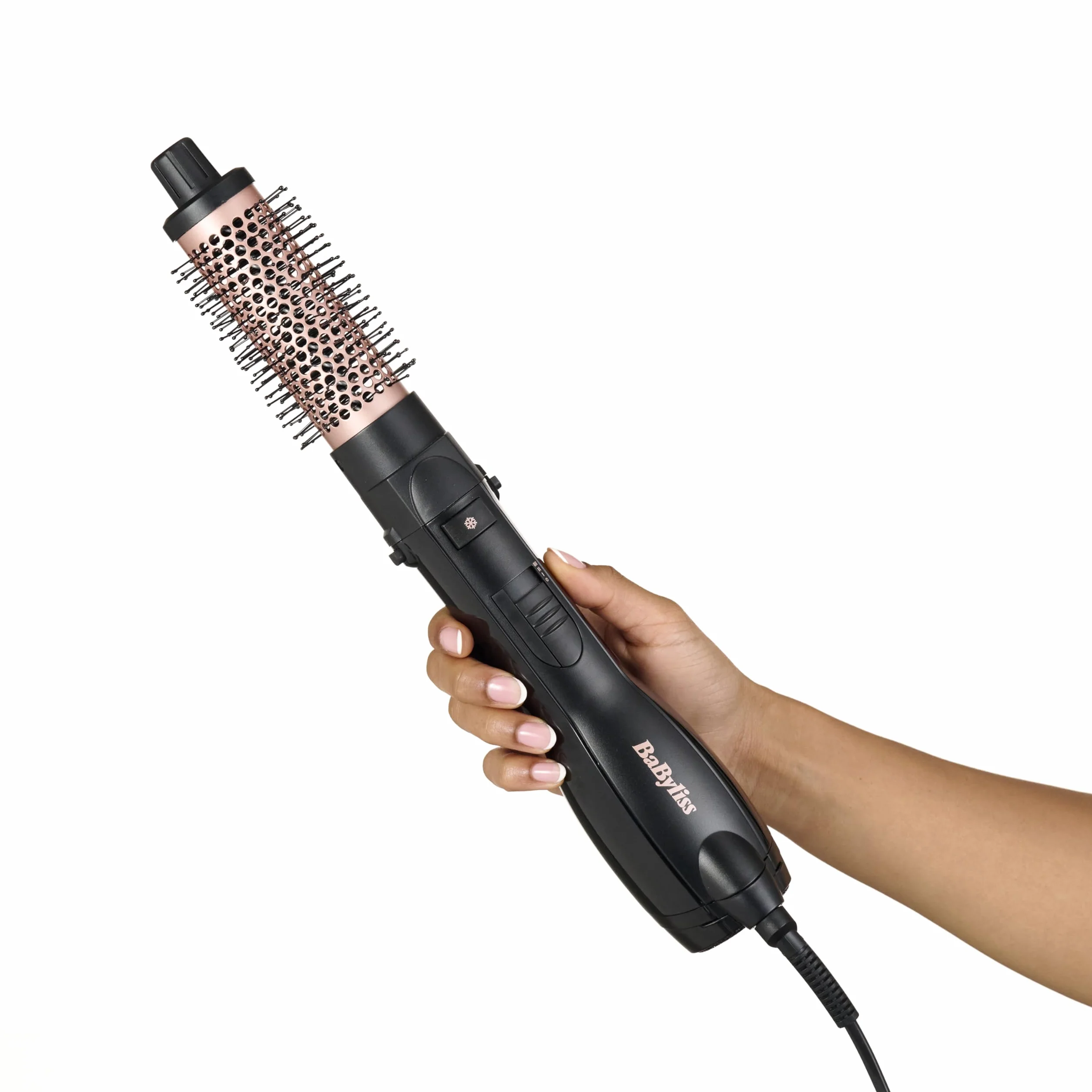 BaByliss Smooth Finish 1200 – Szczotka na Gorące Powietrze 4‑w‑1 do Suszenia, Wygładzania, Modelowania i Nadawania Objętości, Technologia Jonowa & Ceramiczna, 4 Końcówki, 1200W, Czarny/Różowy, AS122E
