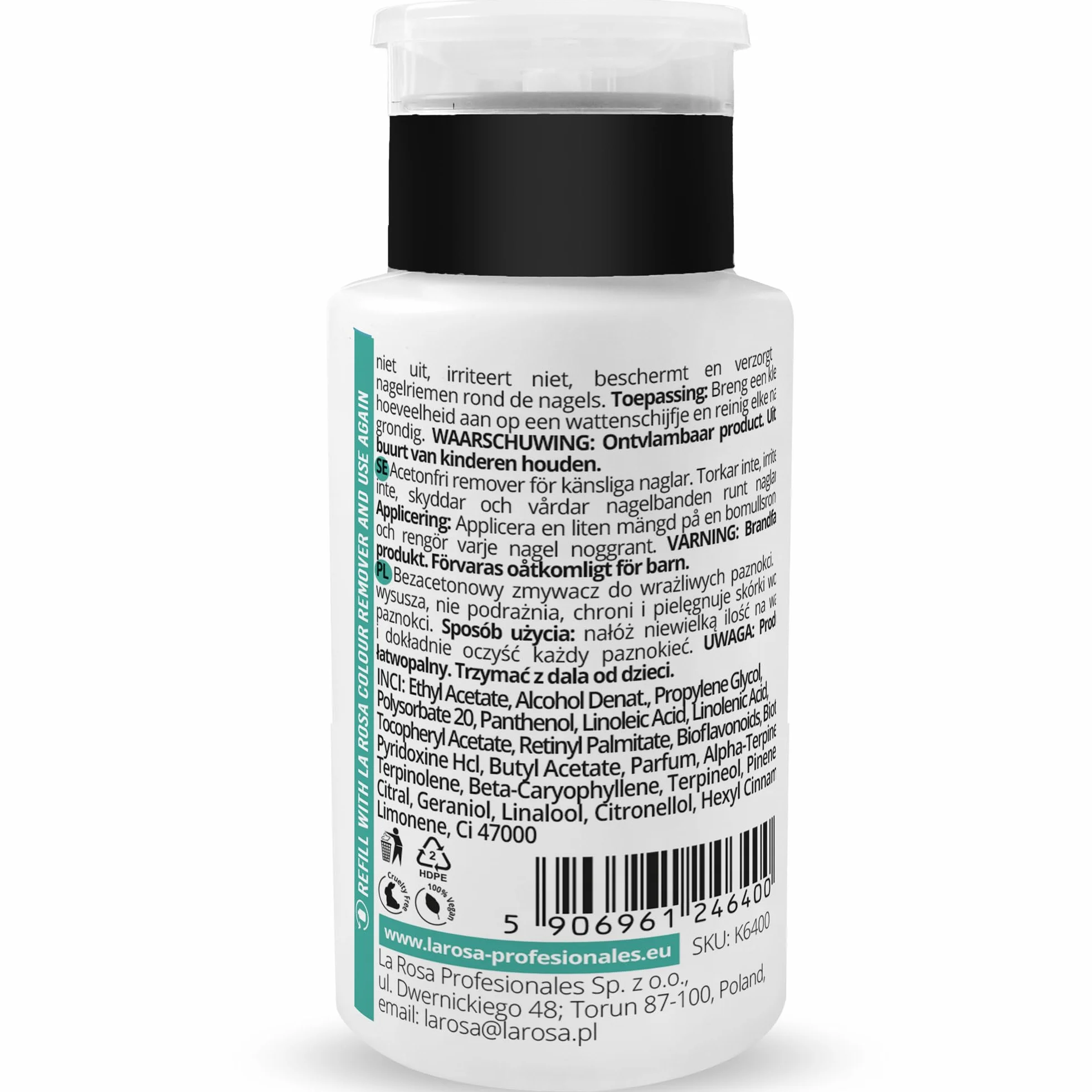 LaRosa Bezacetonowy ZMYWACZ do paznokci 190ml z pompką umożliwiającą oszczędną i wygodną aplikację - COLOUR REMOVER
