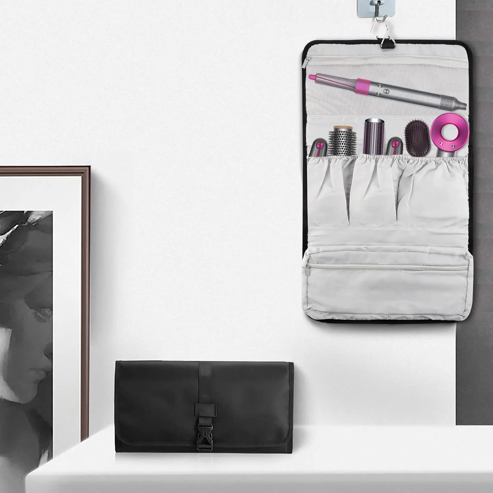 Linkidea Podróżny futerał ochronny kompatybilny z Dyson Airwrap Styler, przenośna wisząca torba do przechowywania lokówki, torba podróżna z haczykiem do zawieszania (czarny), Czarny, Nowoczesny