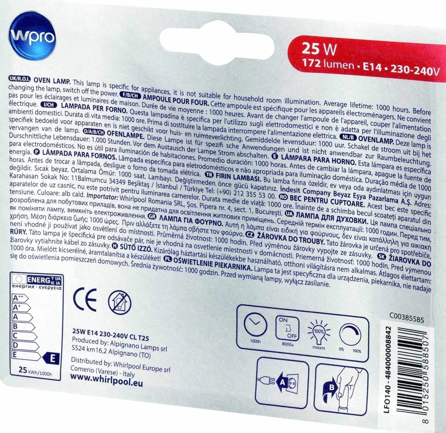 Wpro Whirlpool żarówka do piekarnika 172 lumenów E14 25W 230V-240V 300°C