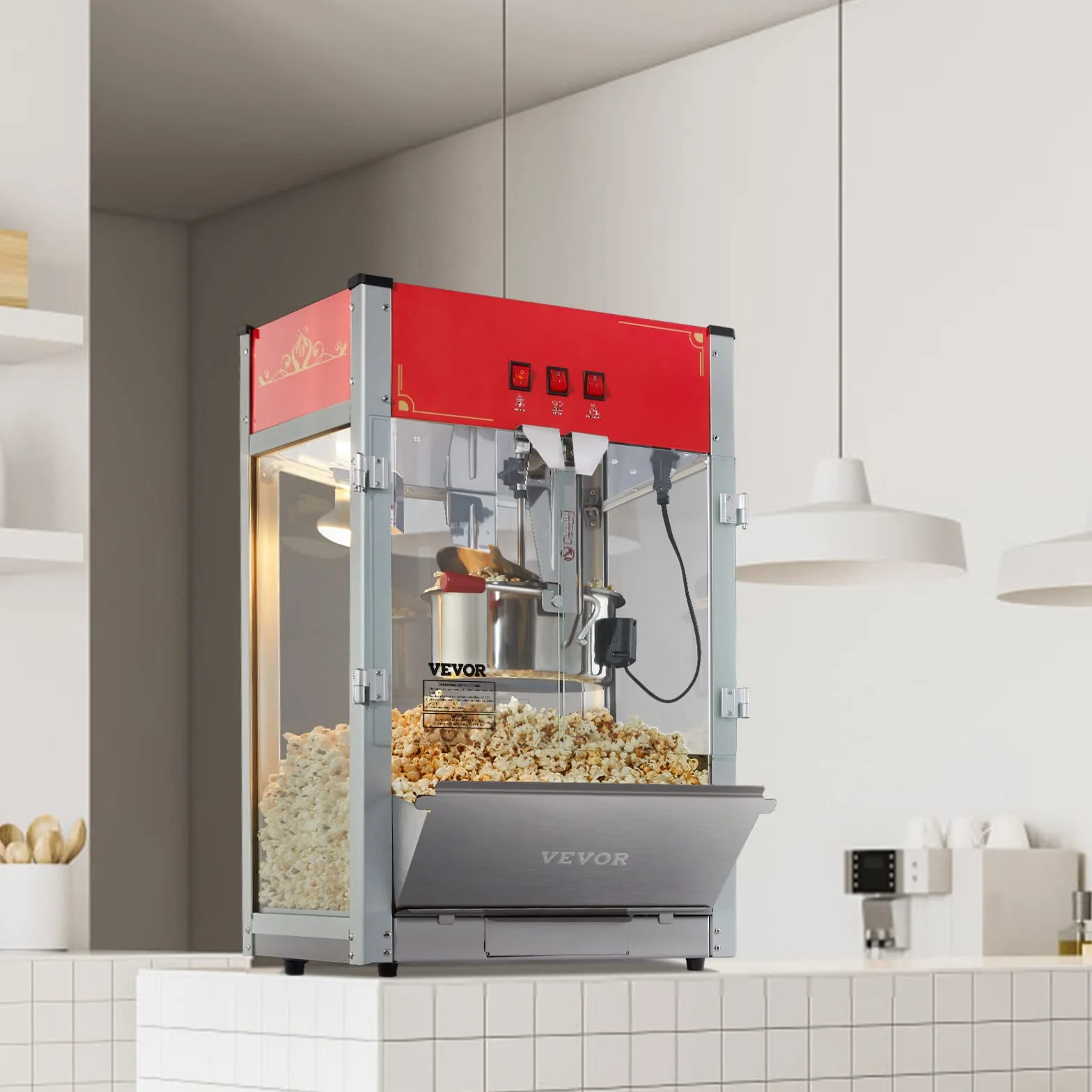 VEVOR Maszyna do popcornu – maszyna do popcornu 1440 W, z kociołkiem o pojemności 12 oz, na maks. 80 filiżanek na ładowanie, z hartowanego szkła i 3 łopatkami ze stali nierdzewnej