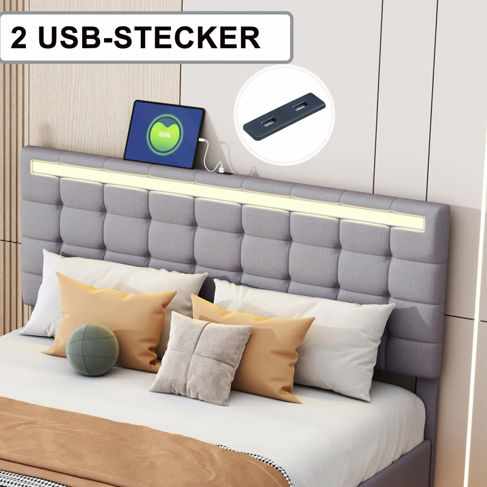 Łóżko tapicerowane 160x200 cm z oświetleniem LED i USB, szare