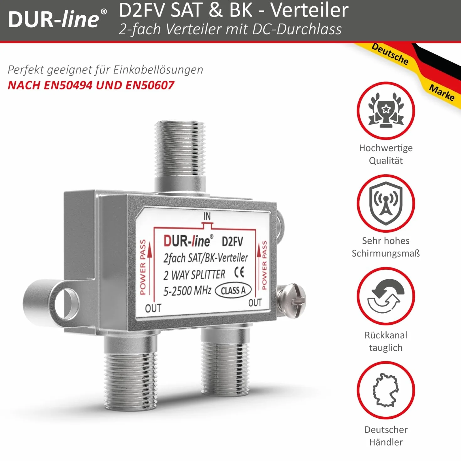 DUR-Line D2FV Rozdzielacz Sat/Bk 2-Drożny Splitter W Pełni Ekranowany Kompatybilny Z Unicable i HD Do Instalacji Satelitarnych Radio Telewizji
