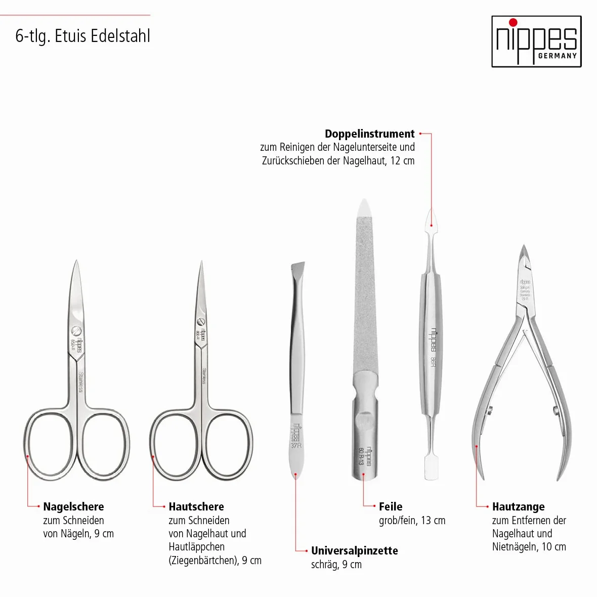 nippes Solingen Premium Line Wild Red, 6-częściowy zestaw do manicure, stal nierdzewna, nie zawiera niklu, etui ze skóry bydlęcej z zatrzaskami, czerwony/czarny, zestaw do pielęgnacji paznokci, Made