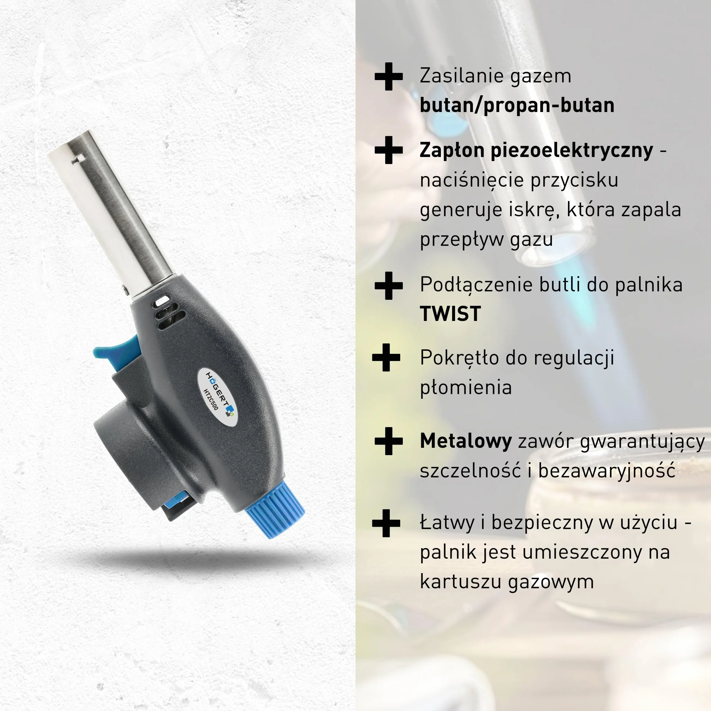 Högert Technik - Palnik do lutowania – palnik gazowy do użytku domowego, gastronomii, rybołówstwa, warsztatów rzemieślniczych i samochodowych – zapłon piezoelektryczny – palnik z butanem/propanem –
