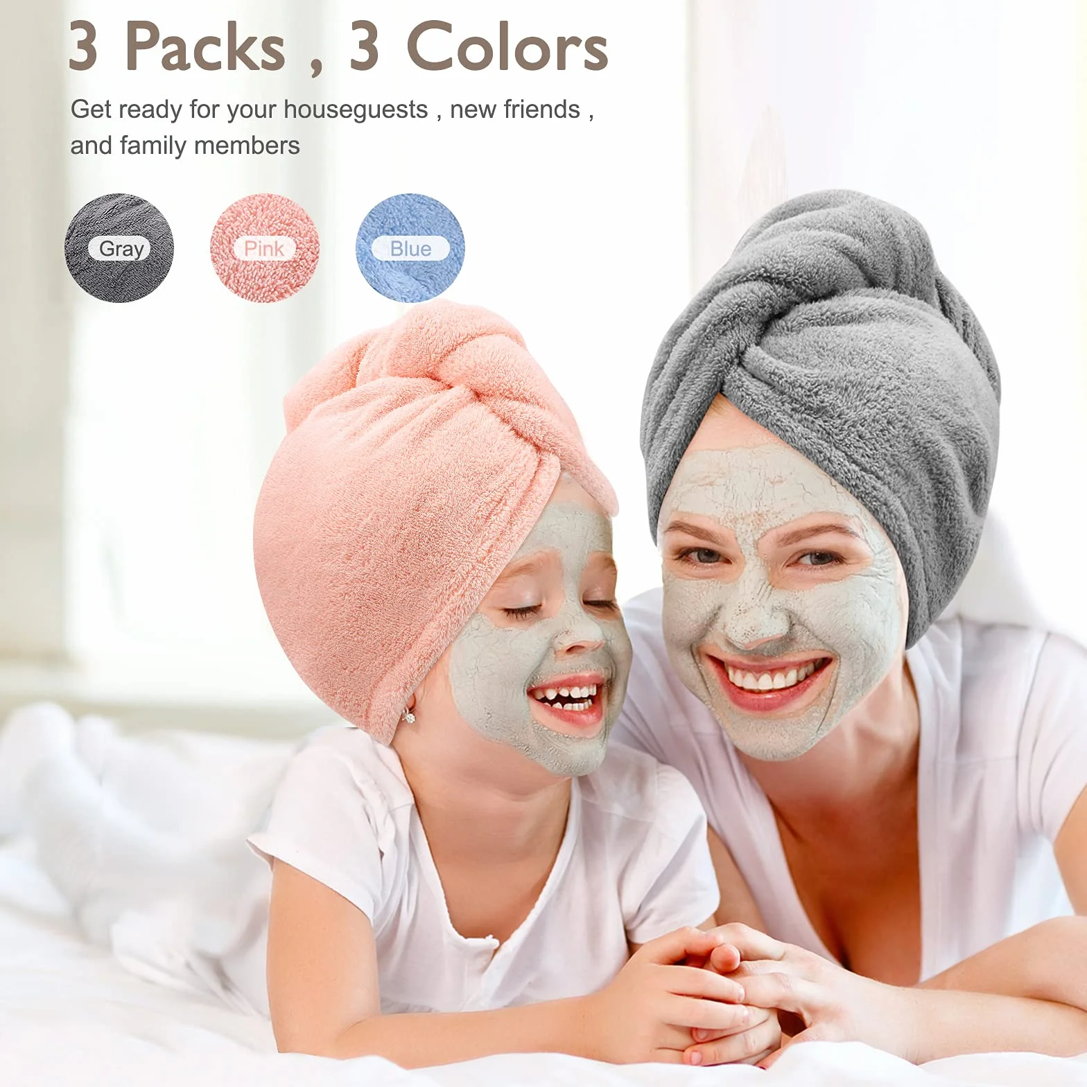 Laicky 3 sztuk Ręcznik do włosów z mikrofibry, super chłonny, skręcany turban, szybkoschnące czepki do włosów z guzikami, pętla do kąpieli, do salonu, czapka do włosów suchych