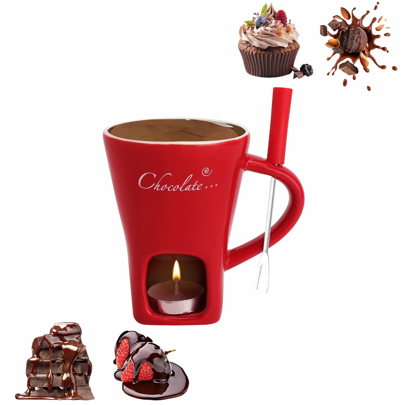 Kubek do fondue czekoladowego, ceramiczny, 130 ml, czekoladowy kubek do fondue z uchwytem na podgrzewacze i widelcami, czekoladowe fondue, zestaw do fondue, czekolady, fondue, zestaw do topienia